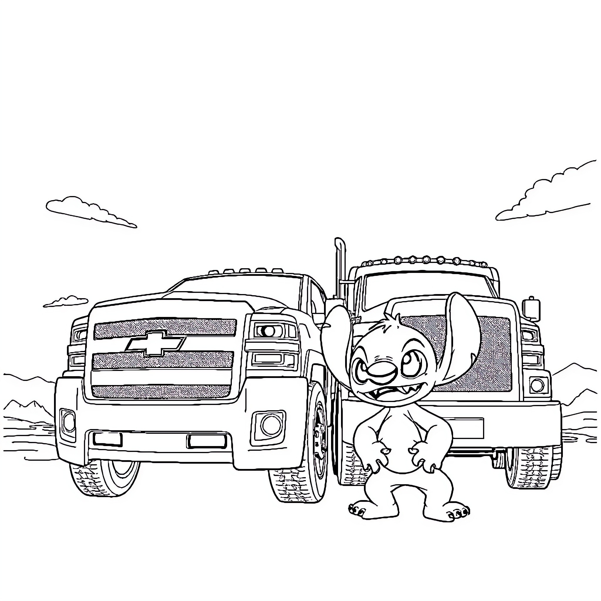 Sonic posing with powerful trucks in the countryside Coloring Page (free black-and-white line drawing printable PDF for all, from beginners to advanced learners, including children, teens, adults, and seniors)
