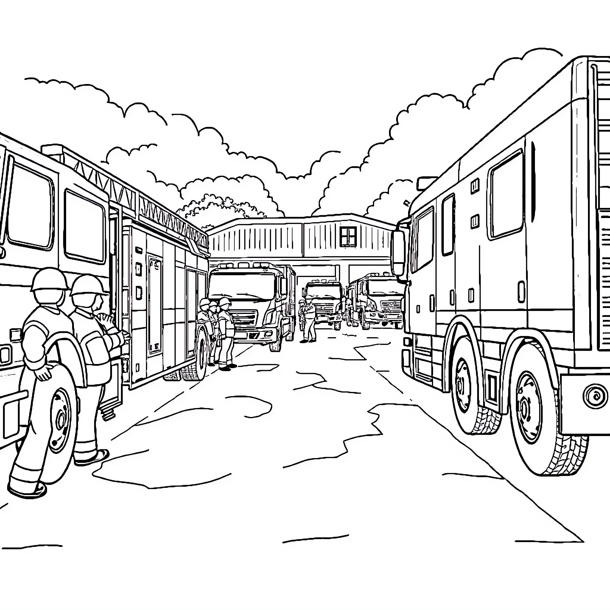 Fire Station with Firefighters and Rescue Vehicles Coloring Page (free black-and-white line drawing printable PDF for all, from beginners to advanced learners, including children, teens, adults, and seniors)