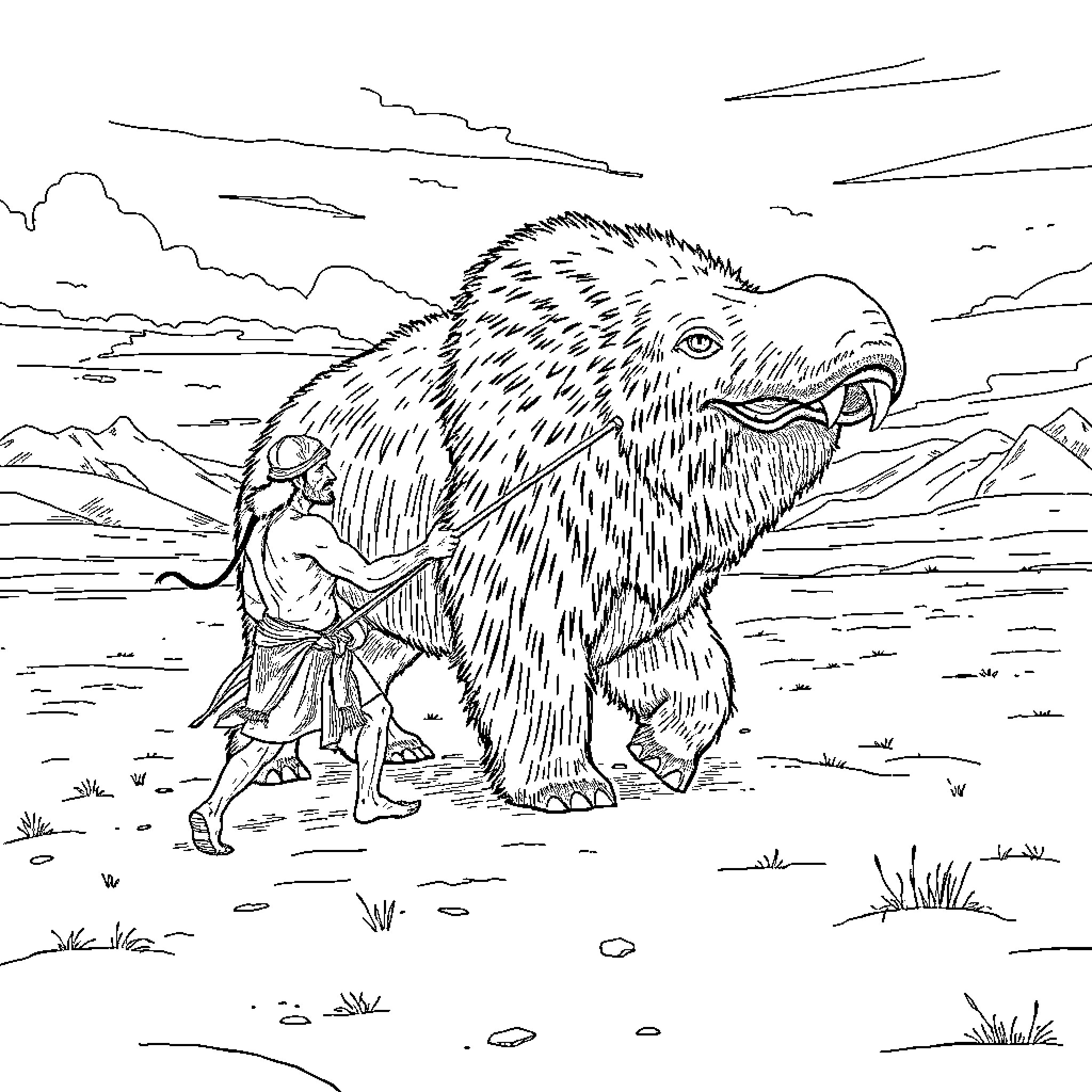 Homme battling a massive bird-like creature Coloring Page (free black-and-white line drawing printable PDF for all, from beginners to advanced learners, including children, teens, adults, and seniors)