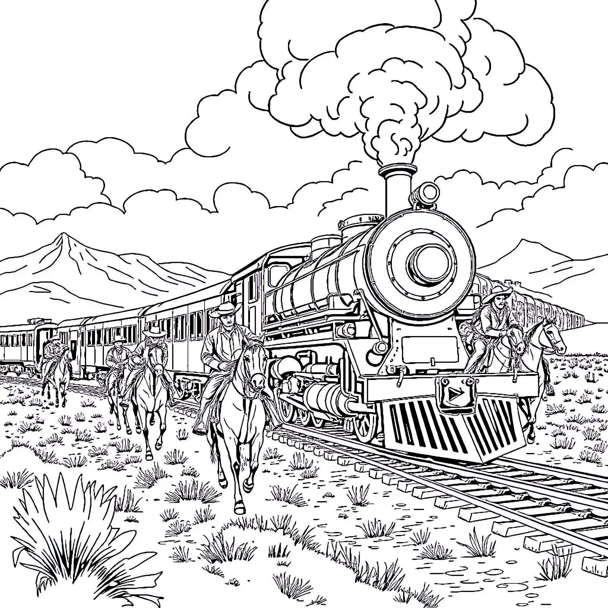 Train Journeying Through Rugged Landscape Coloring Page (free black-and-white line drawing printable PDF for all, from beginners to advanced learners, including children, teens, adults, and seniors)