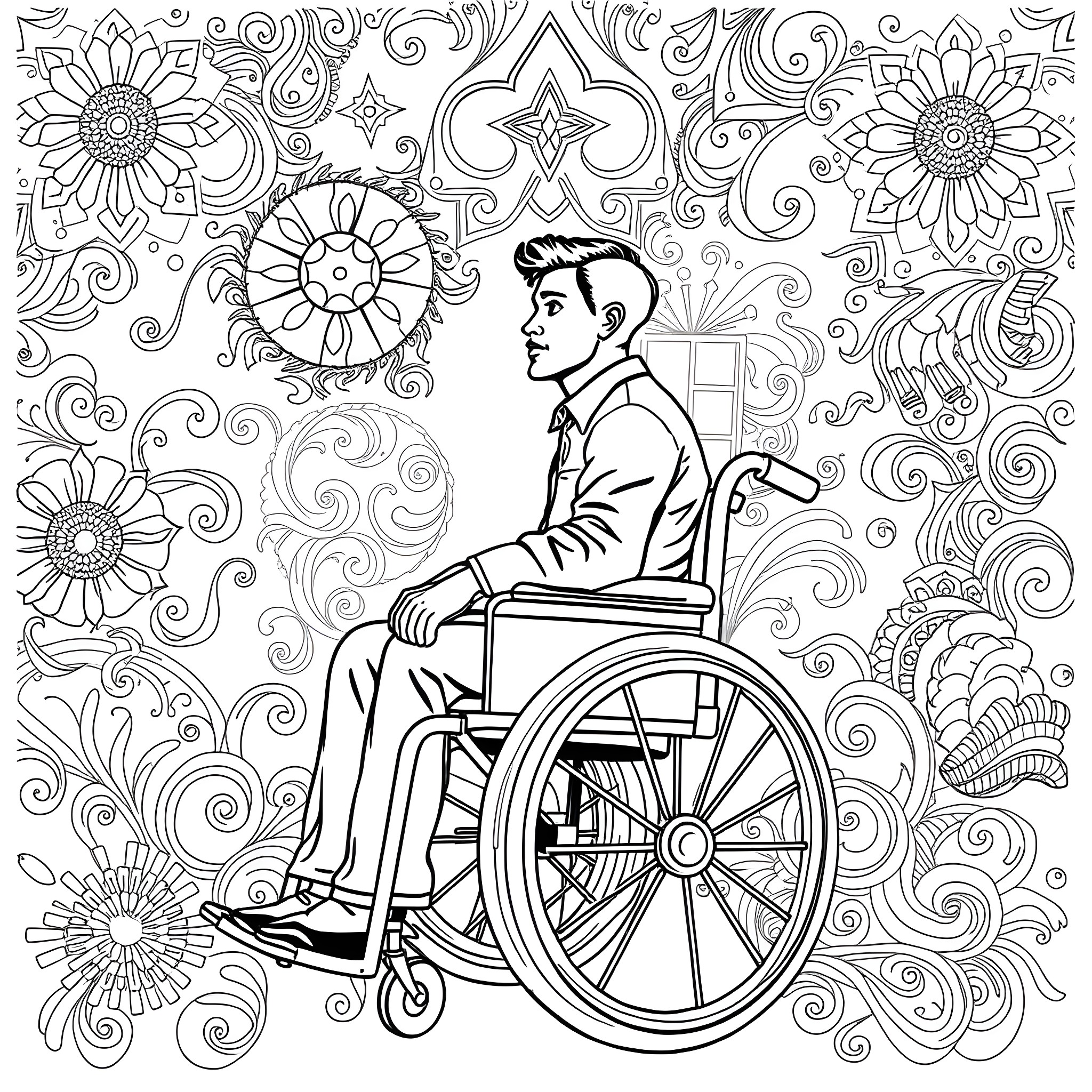 Man in wheelchair surrounded by intricate floral patterns Coloring Page (free black-and-white line drawing printable PDF for all, from beginners to advanced learners, including children, teens, adults, and seniors)