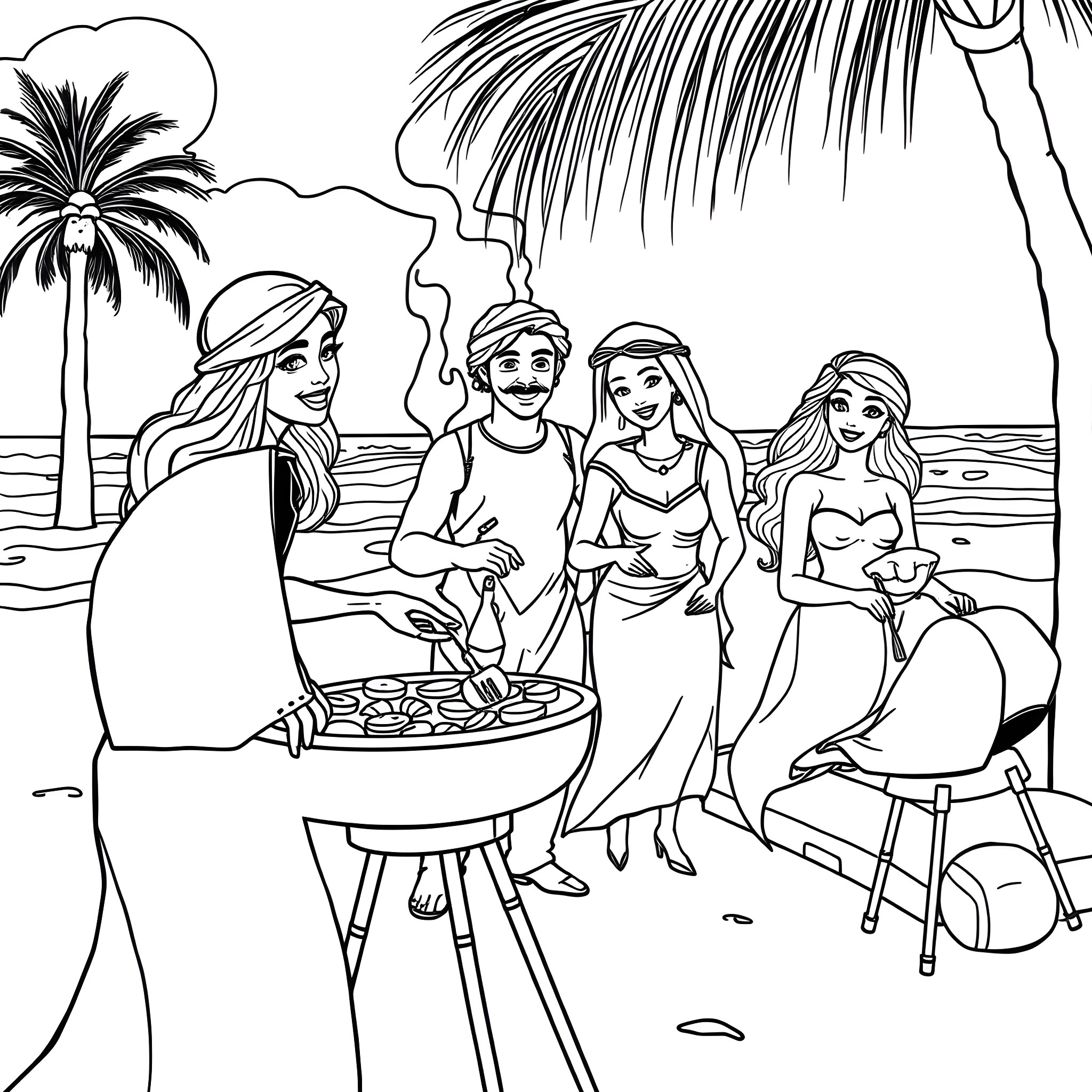 Barbie and friends enjoy a beach barbecue Coloring Page (free black-and-white line drawing printable PDF for all, from beginners to advanced learners, including children, teens, adults, and seniors)