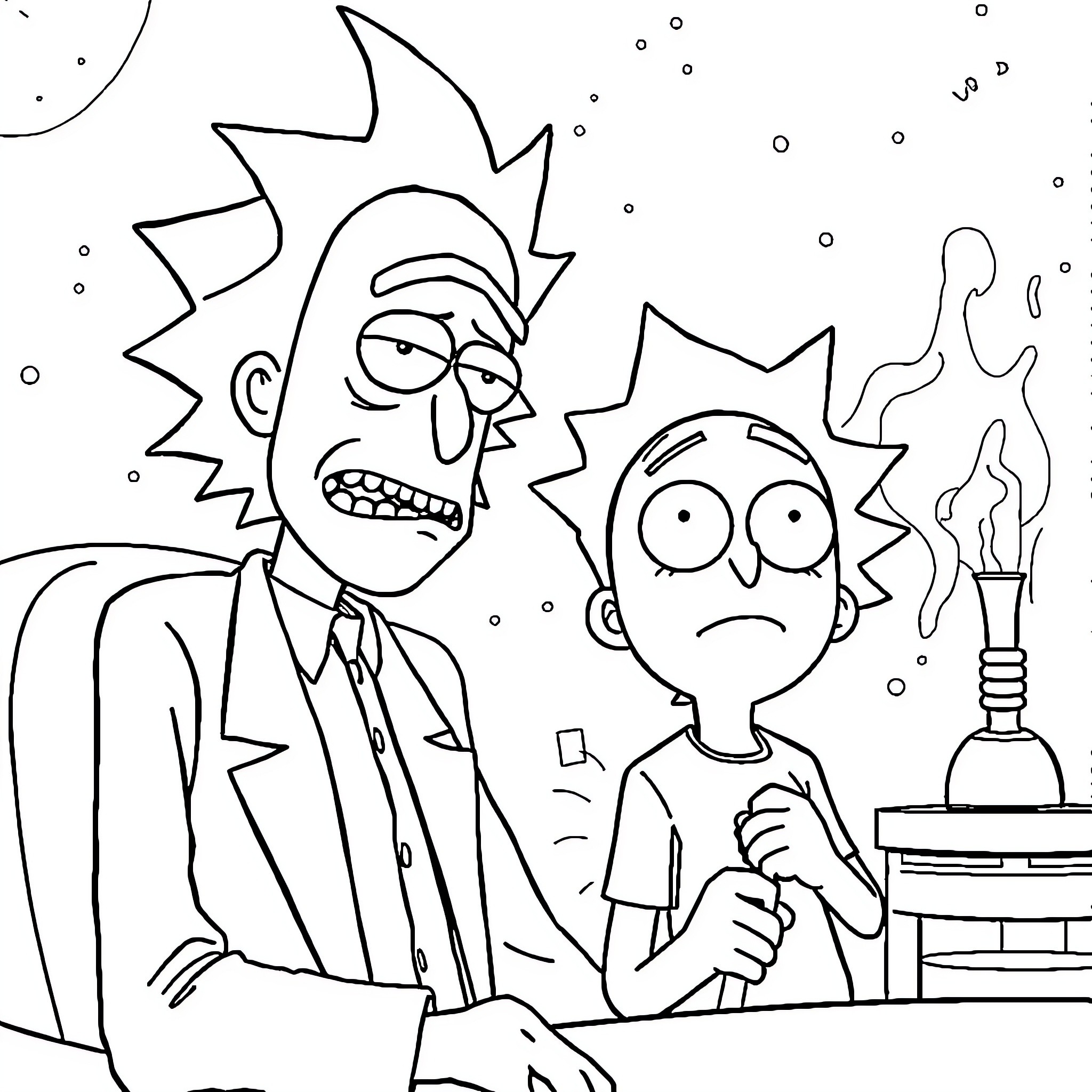 Rick And Morty in Quirky Antics Coloring Page (free black-and-white line drawing printable PDF for all, from beginners to advanced learners, including children, teens, adults, and seniors)