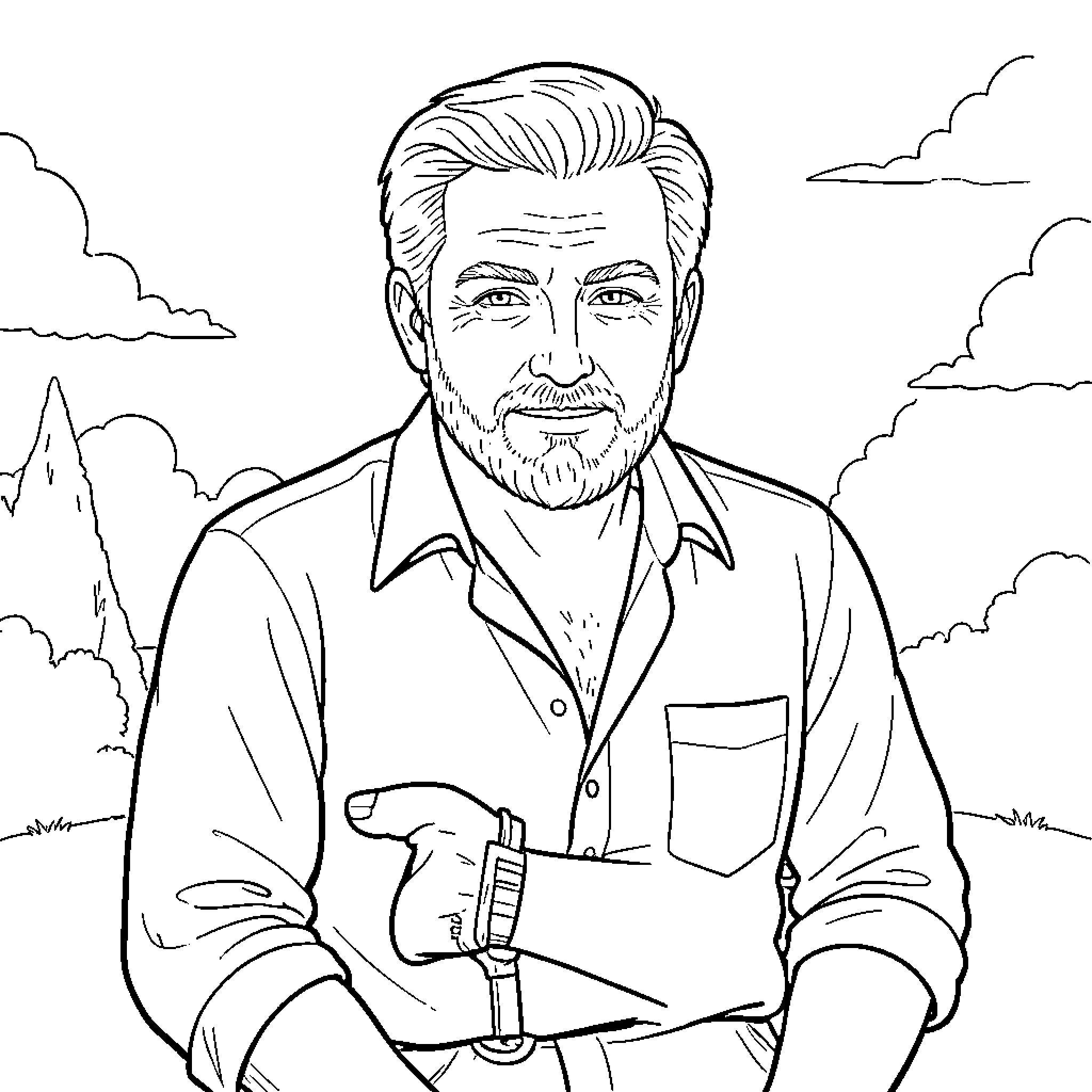 Rasm of a bearded man smiling in nature Coloring Page (free black-and-white line drawing printable PDF for all, from beginners to advanced learners, including children, teens, adults, and seniors)