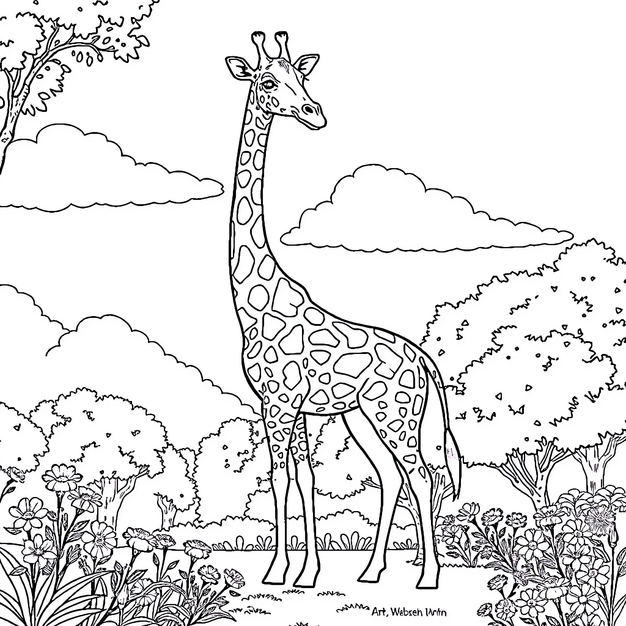 Giraffe standing tall in a lush forest landscape Coloring Page (free black-and-white line drawing printable PDF for all, from beginners to advanced learners, including children, teens, adults, and seniors)