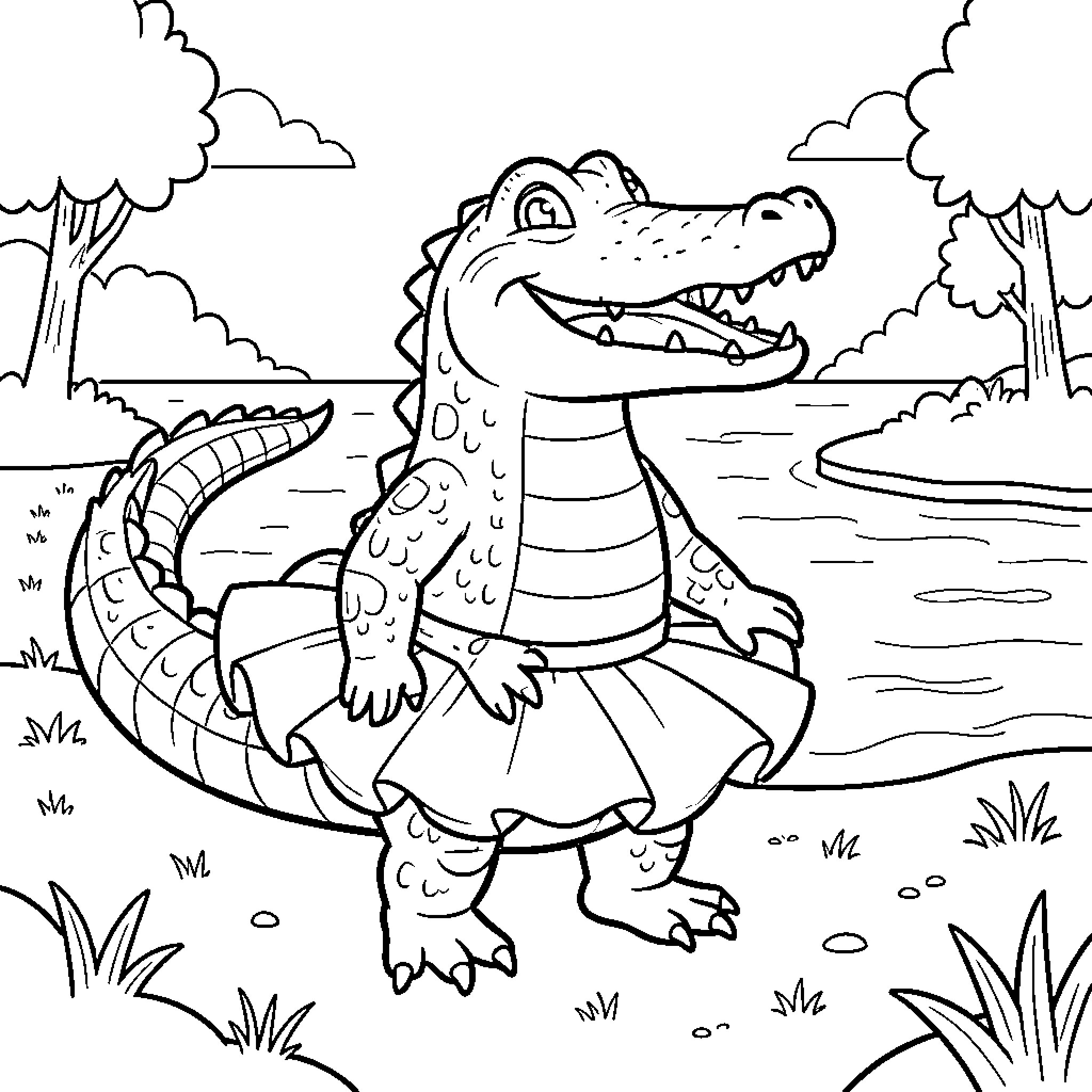 Crocodile wearing a skirt and smiling happily Coloring Page (free black-and-white line drawing printable PDF for all, from beginners to advanced learners, including children, teens, adults, and seniors)