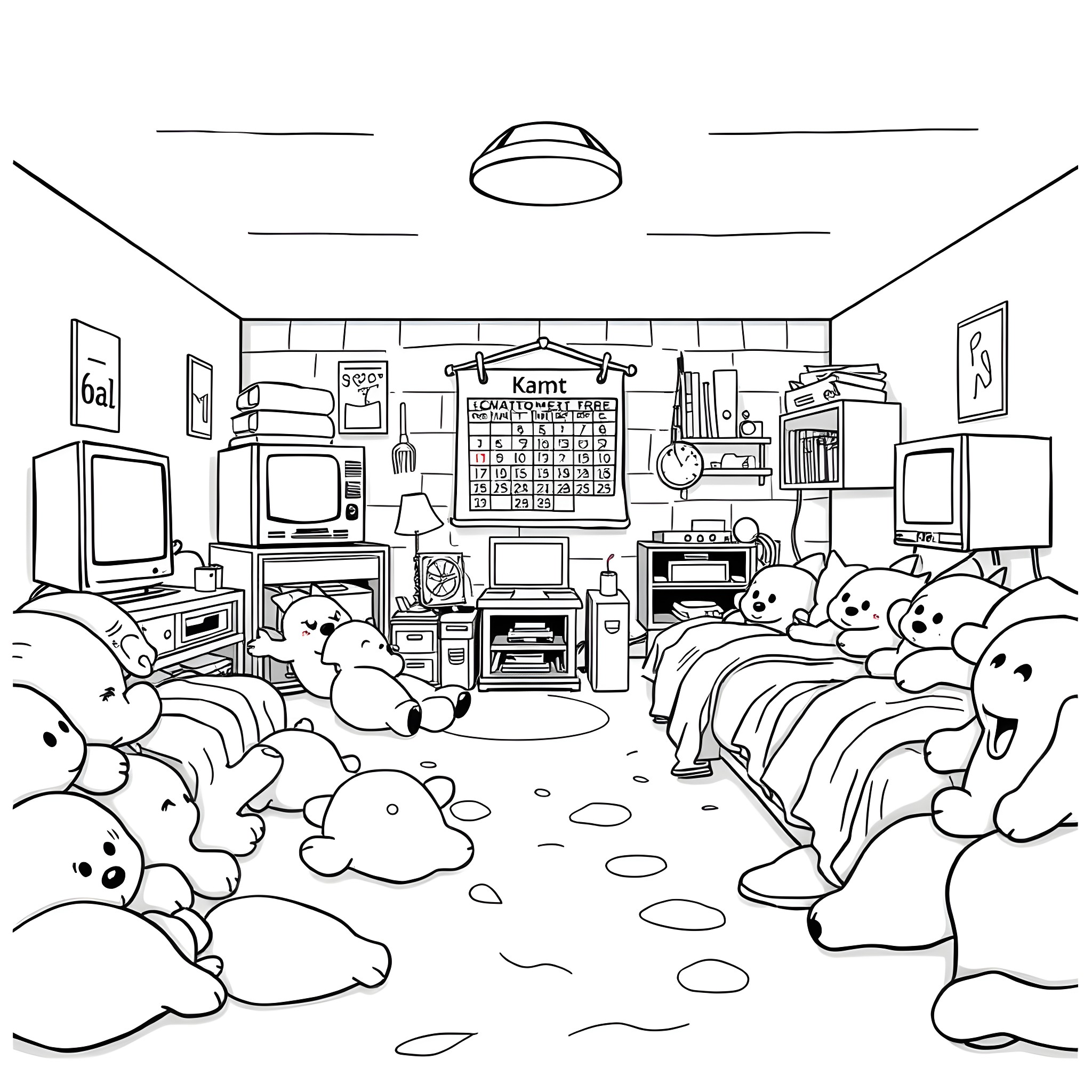 Plushie characters in a cozy bedroom scene Coloring Page (free black-and-white line drawing printable PDF for all, from beginners to advanced learners, including children, teens, adults, and seniors)