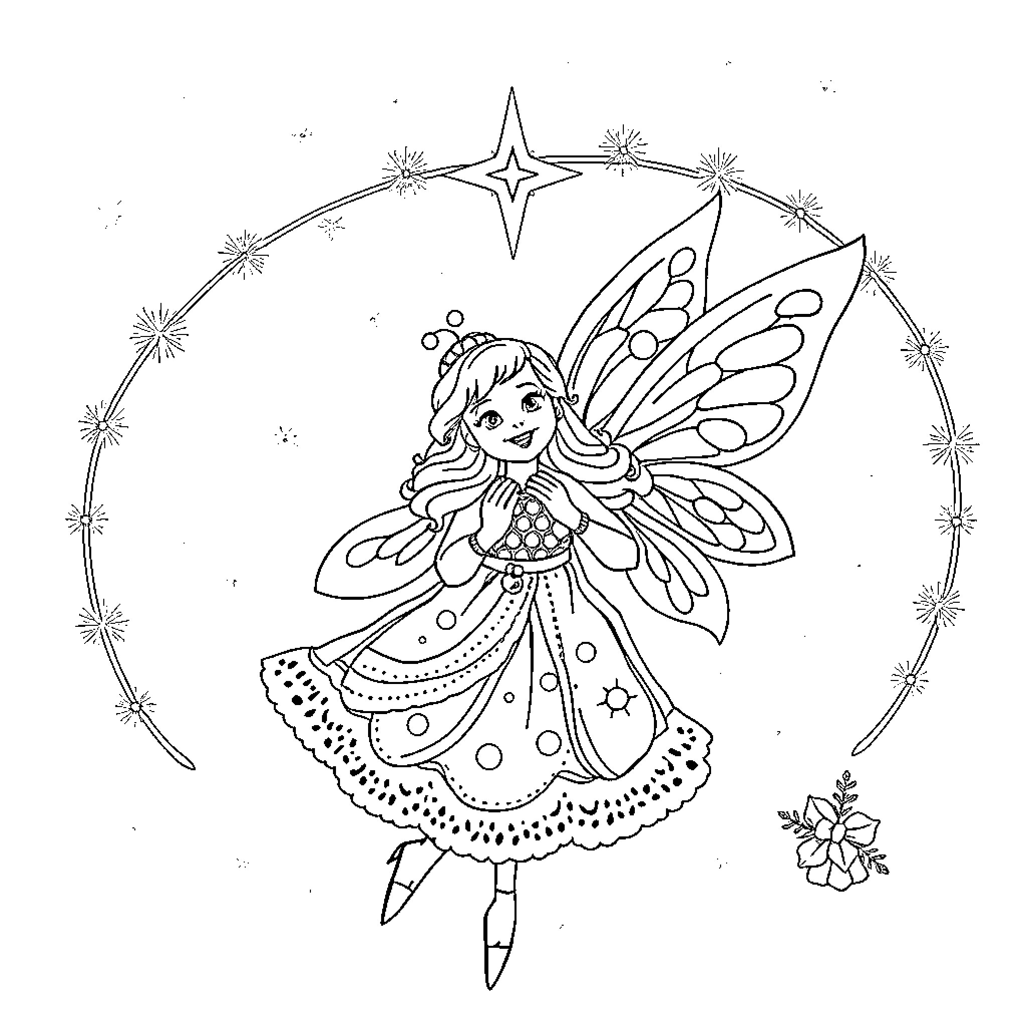 Fée Clochette dancing gracefully in a starry sky Coloring Page (free black-and-white line drawing printable PDF for all, from beginners to advanced learners, including children, teens, adults, and seniors)