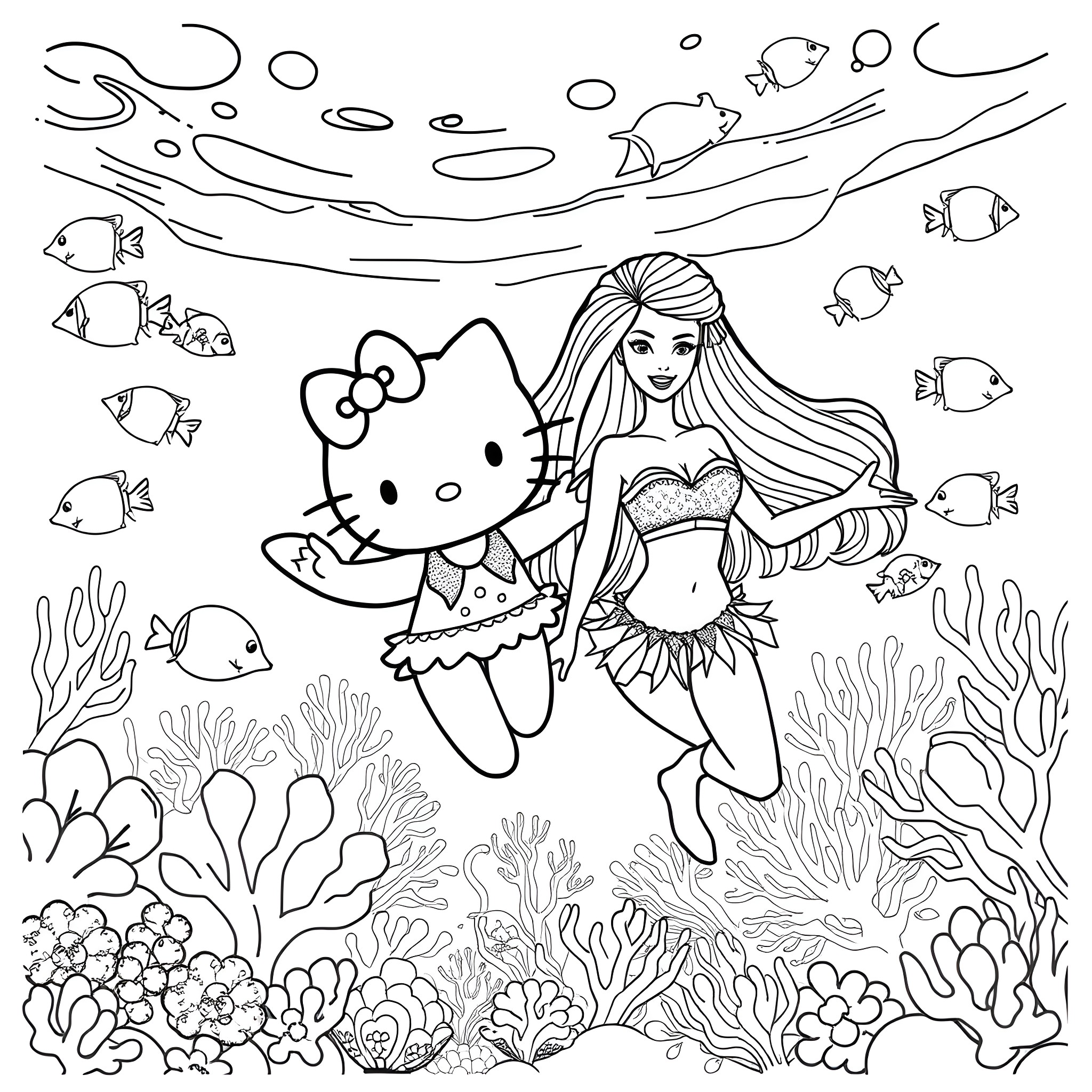 Hello Kitty as a Mermaid in an Underwater Scene Coloring Page (free black-and-white line drawing printable PDF for all, from beginners to advanced learners, including children, teens, adults, and seniors)