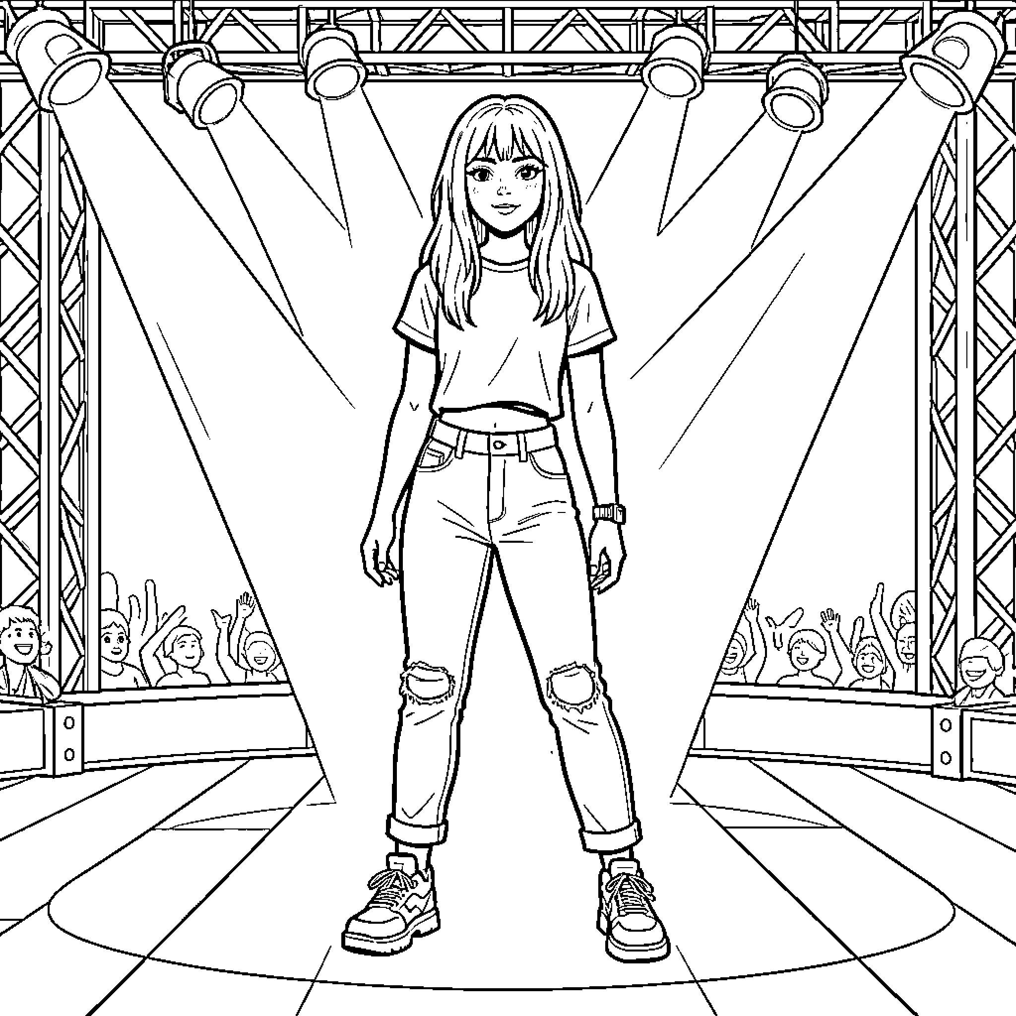 Melanie Martinez on Stage with Spotlights Coloring Page (free black-and-white line drawing printable PDF for all, from beginners to advanced learners, including children, teens, adults, and seniors)