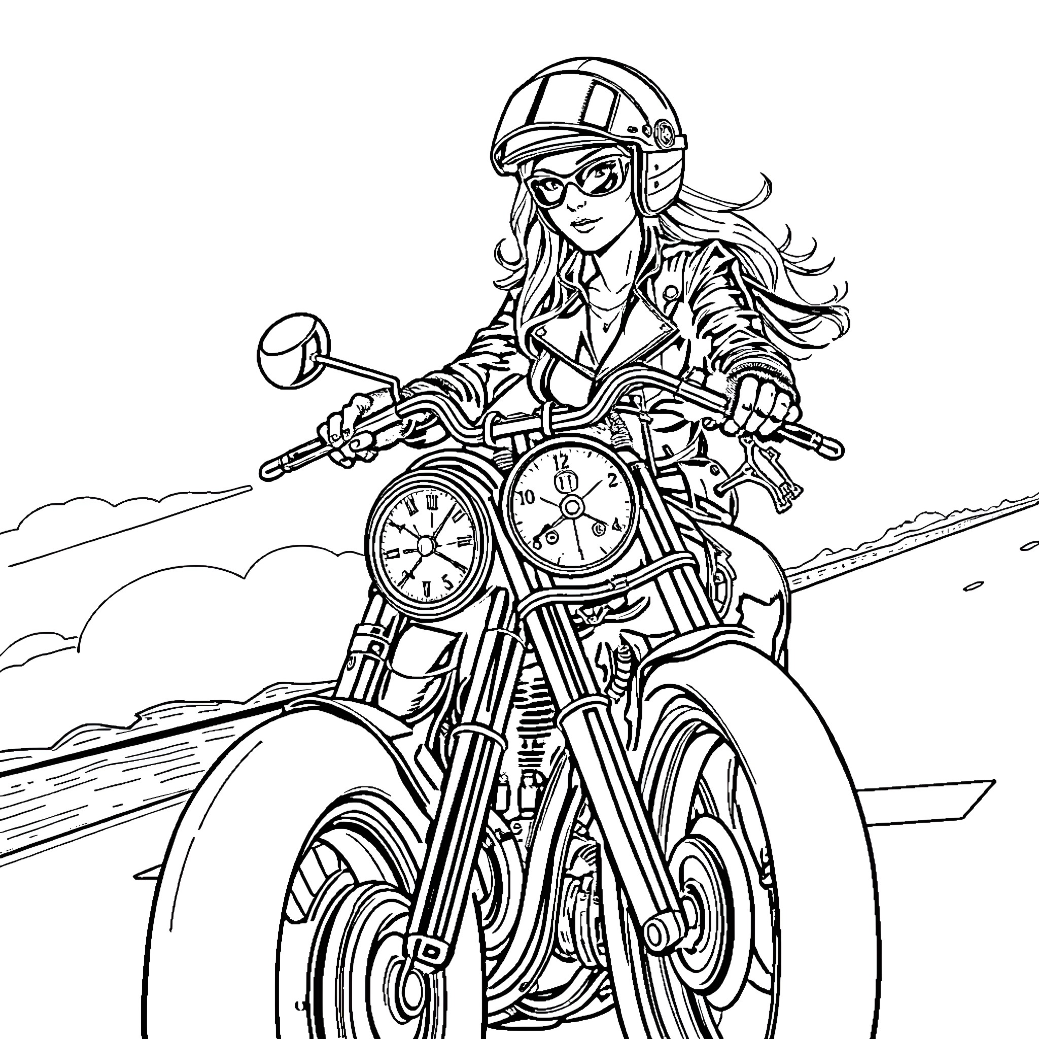 Biker woman riding motorcycle on the road Coloring Page (free black-and-white line drawing printable PDF for all, from beginners to advanced learners, including children, teens, adults, and seniors)