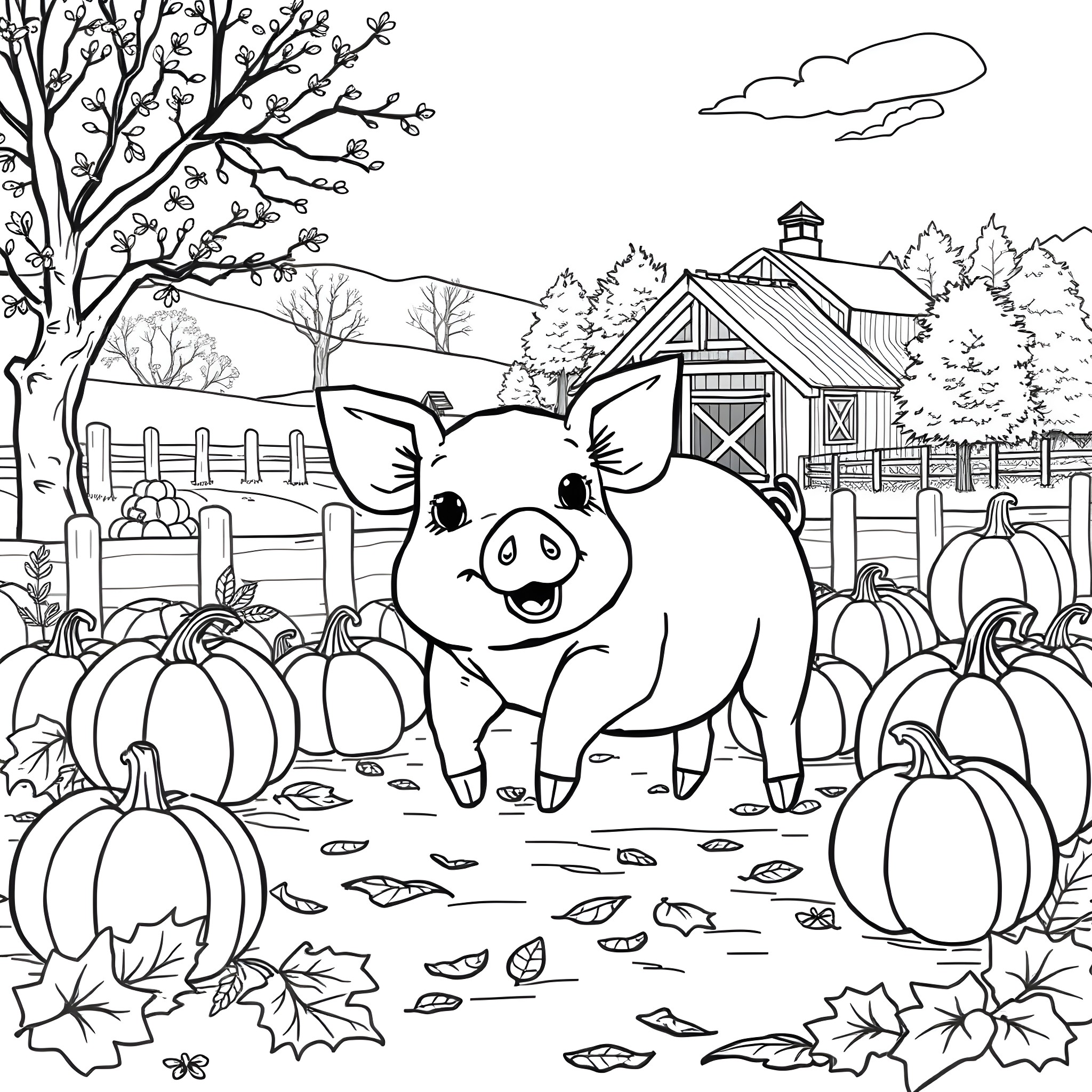 Pig enjoying autumn scenery on the farm Coloring Page (free black-and-white line drawing printable PDF for all, from beginners to advanced learners, including children, teens, adults, and seniors)