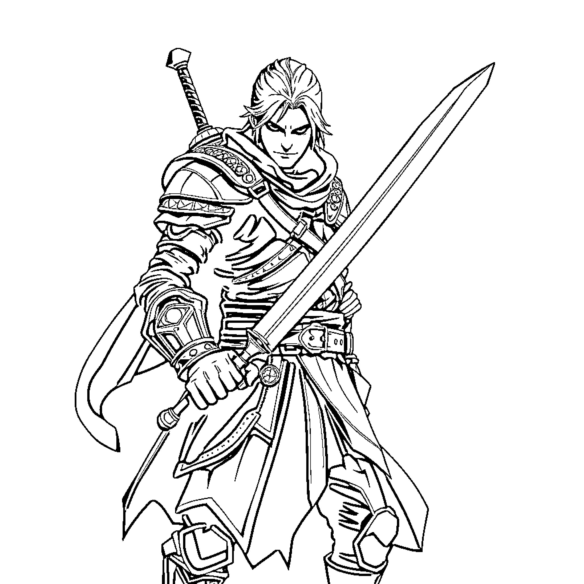Corvo Attano in Fierce Battle Stance Coloring Page (free black-and-white line drawing printable PDF for all, from beginners to advanced learners, including children, teens, adults, and seniors)