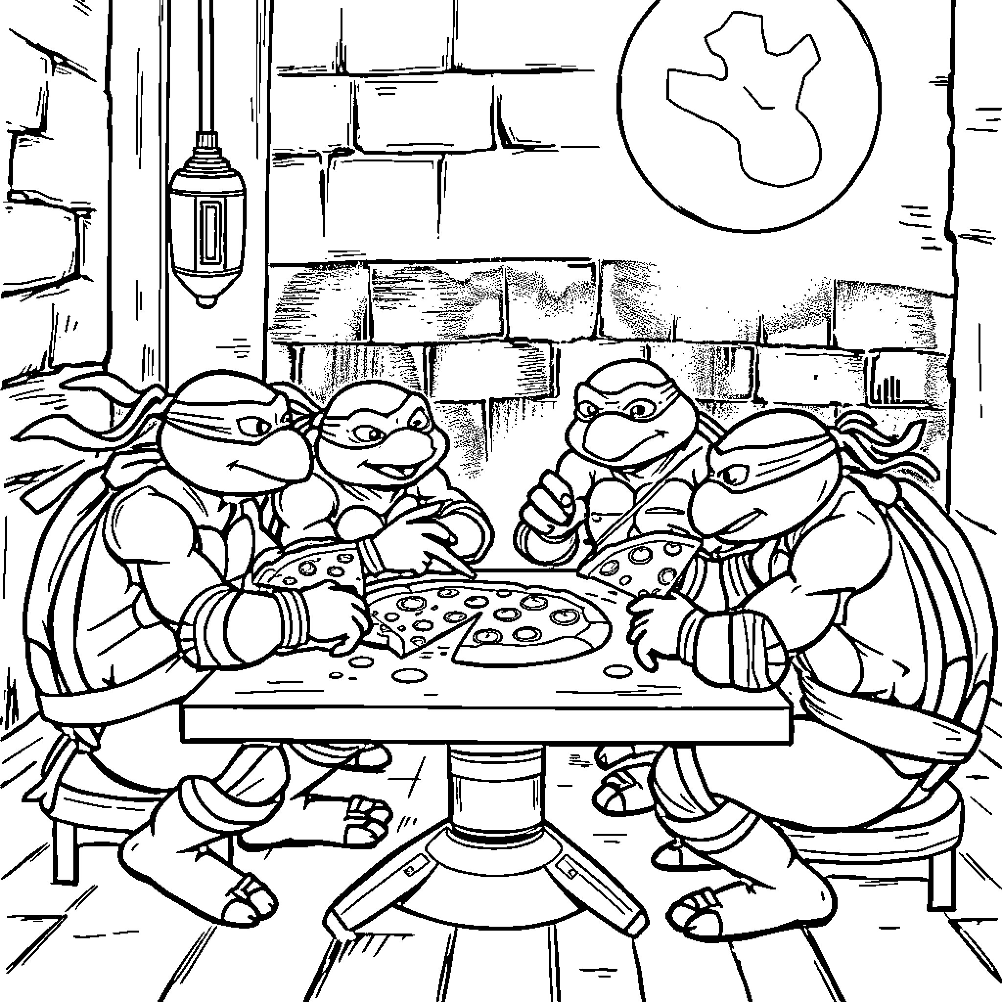 Teenage Mutant Ninja Turtles enjoying pizza in a cozy hideout Coloring Page (free black-and-white line drawing printable PDF for all, from beginners to advanced learners, including children, teens, adults, and seniors)