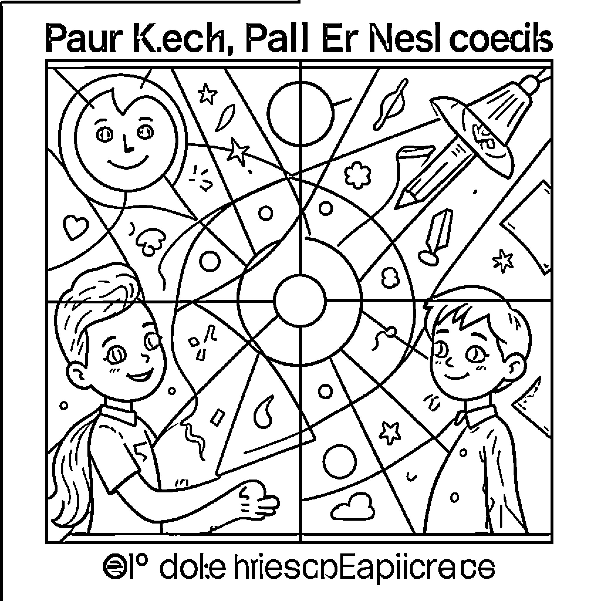 Paul Klee style scene with children and cosmic elements Coloring Page (free black-and-white line drawing printable PDF for all, from beginners to advanced learners, including children, teens, adults, and seniors)