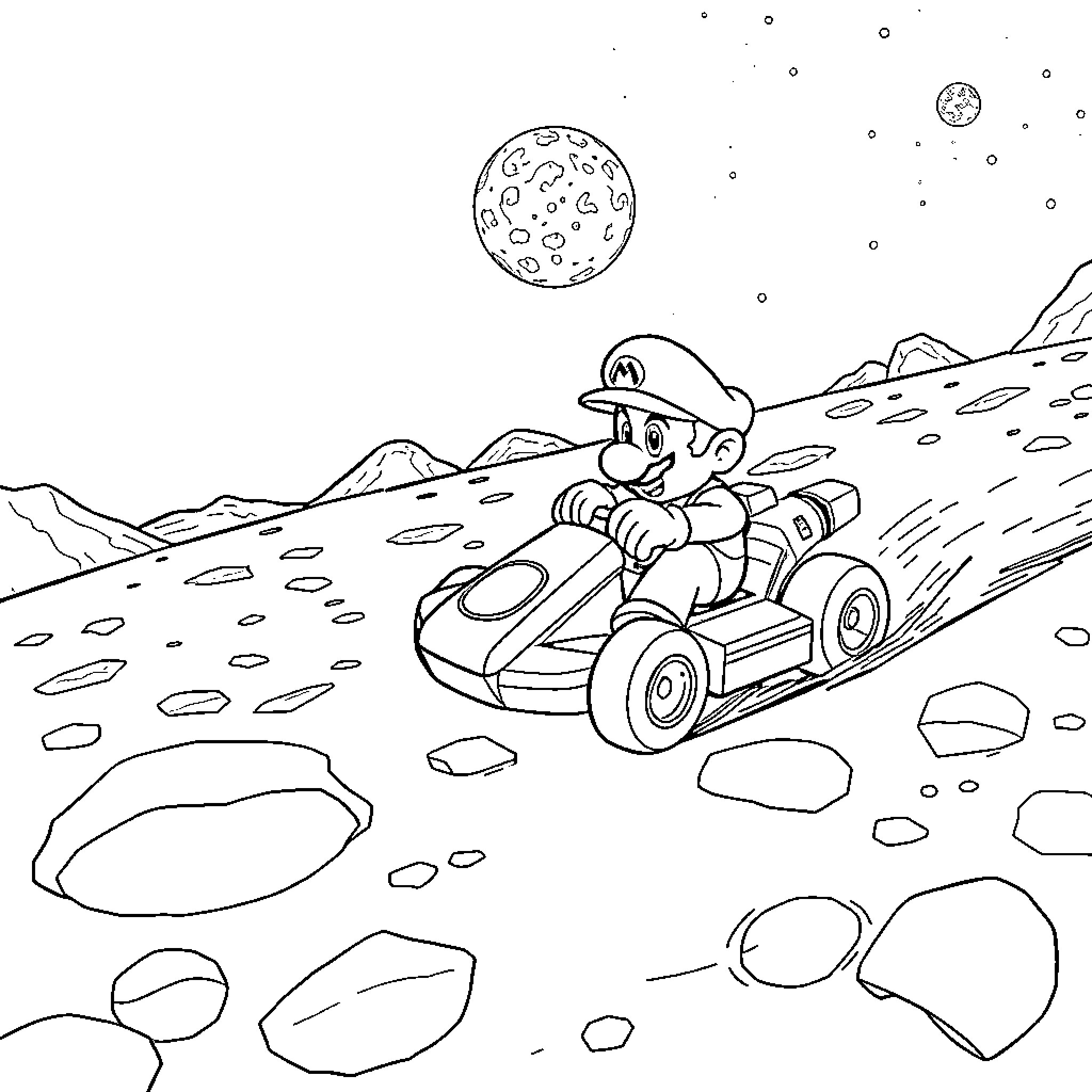 Mario racing kart on moonlit rocky terrain Coloring Page (free black-and-white line drawing printable PDF for all, from beginners to advanced learners, including children, teens, adults, and seniors)