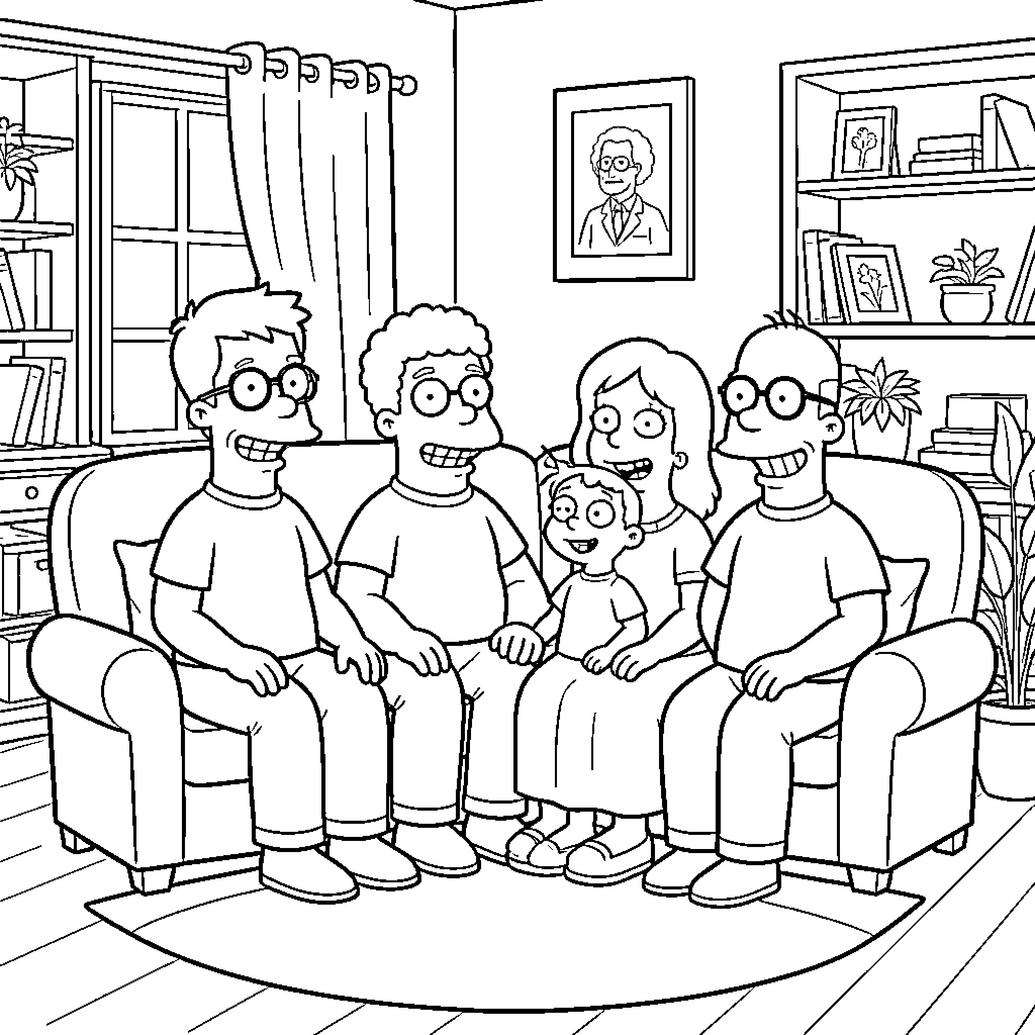 Simpson family members sitting together on a couch Coloring Page (free black-and-white line drawing printable PDF for all, from beginners to advanced learners, including children, teens, adults, and seniors)