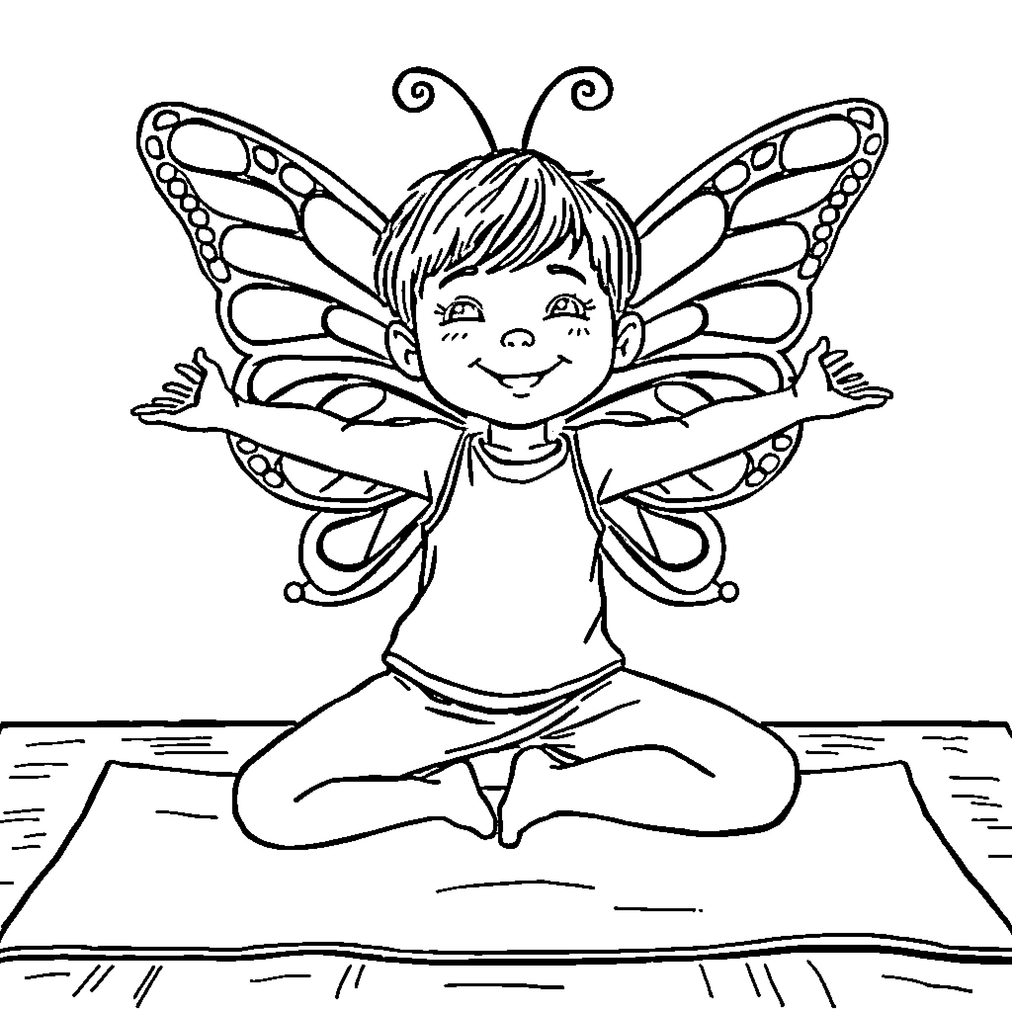Butterfly child in meditation pose Coloring Page (free black-and-white line drawing printable PDF for all, from beginners to advanced learners, including children, teens, adults, and seniors)