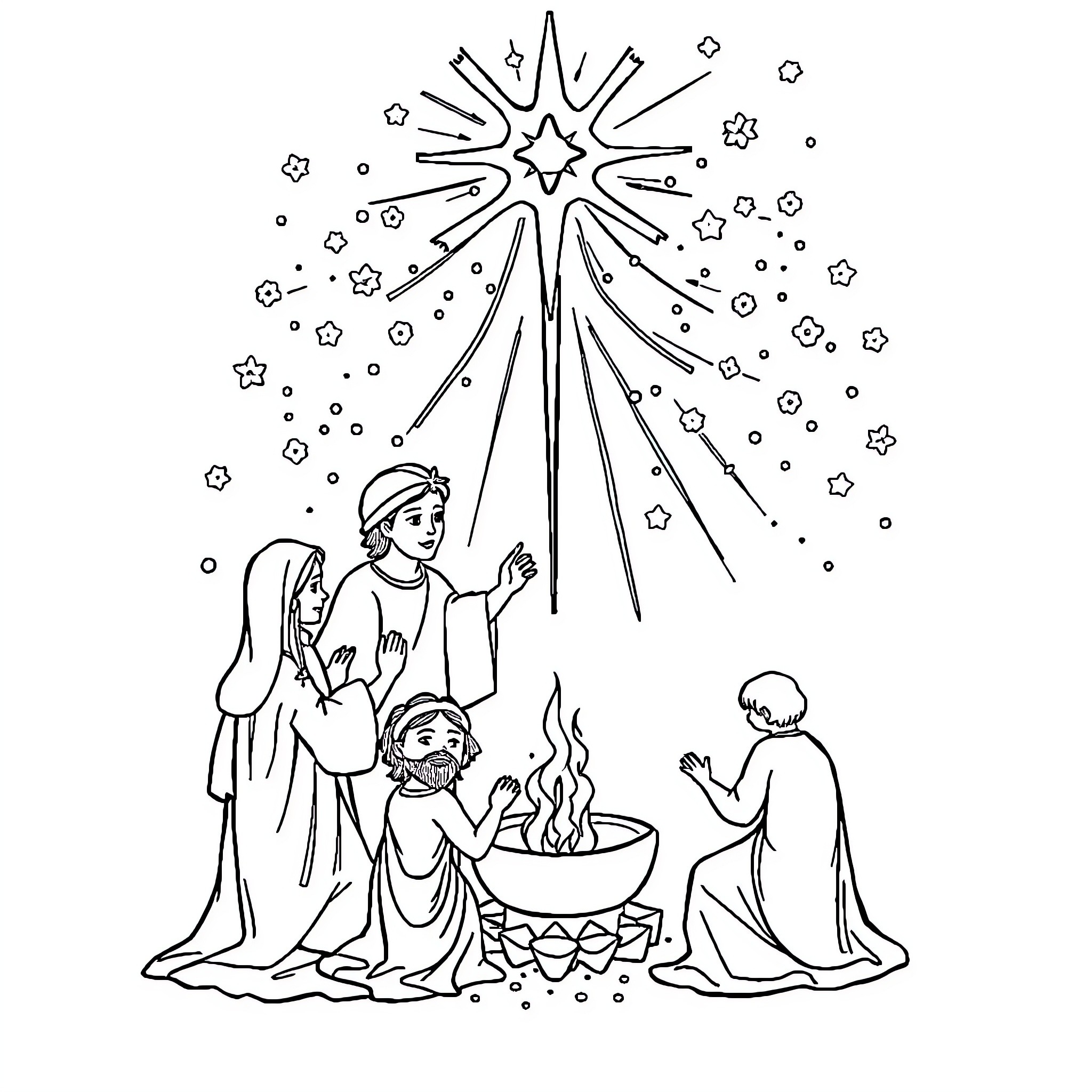 Miraculous Nativity Scene with Celestial Radiance Coloring Page (free black-and-white line drawing printable PDF for all, from beginners to advanced learners, including children, teens, adults, and seniors)