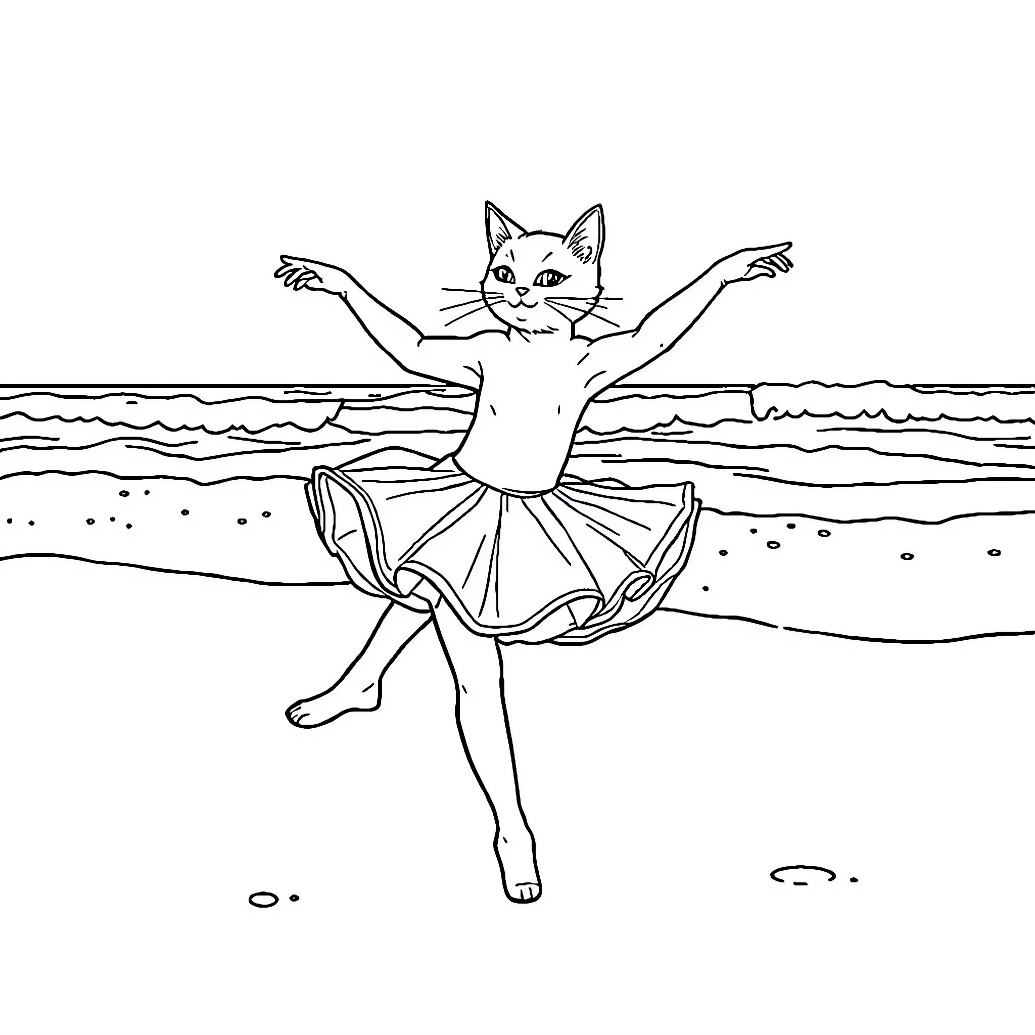 Cat dancer performing on the beach Coloring Page (free black-and-white line drawing printable PDF for all, from beginners to advanced learners, including children, teens, adults, and seniors)