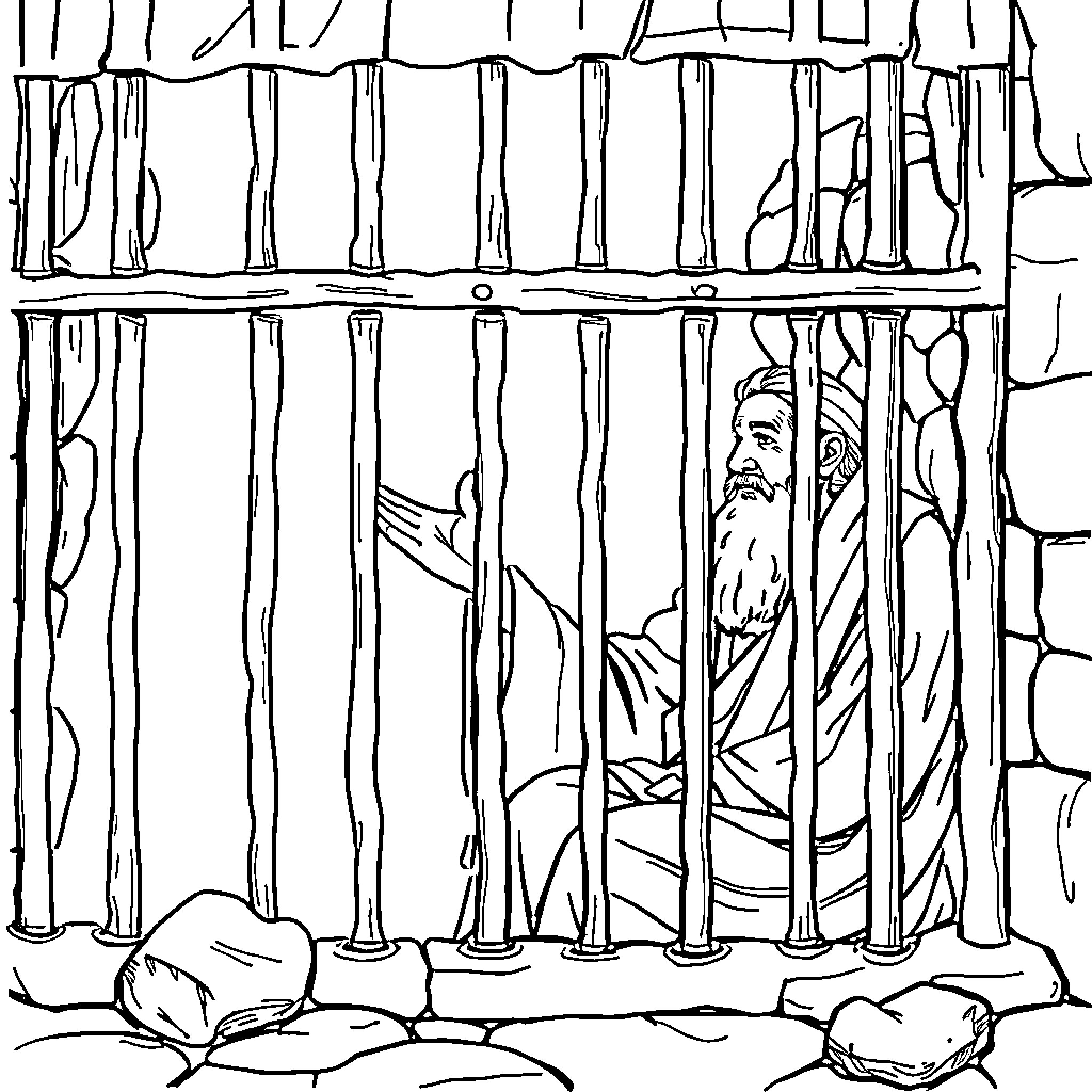 Apostle Peter imprisoned and contemplating his faith Coloring Page (free black-and-white line drawing printable PDF for all, from beginners to advanced learners, including children, teens, adults, and seniors)