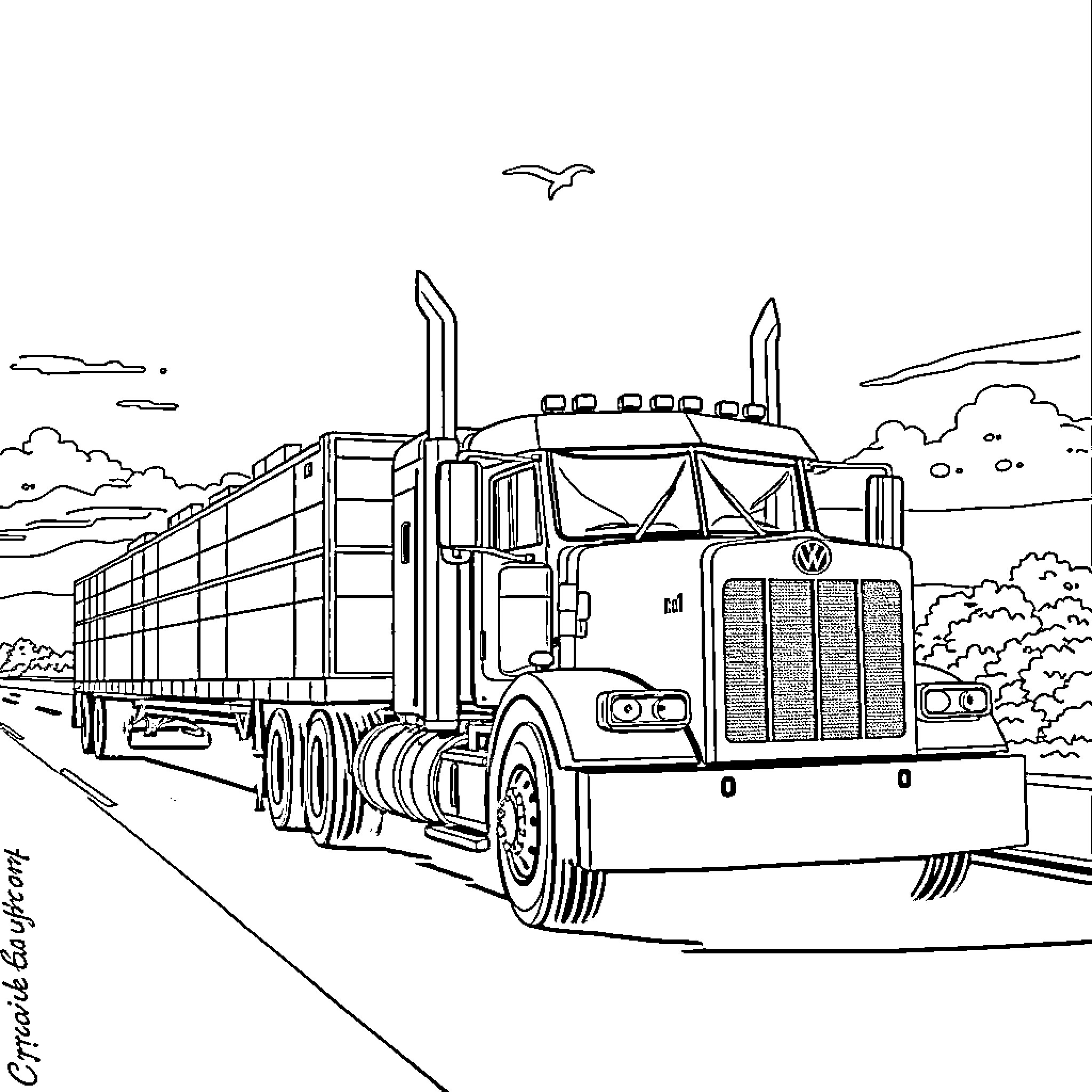 Kenworth semi-truck hauling cargo on highway Coloring Page (free black-and-white line drawing printable PDF for all, from beginners to advanced learners, including children, teens, adults, and seniors)