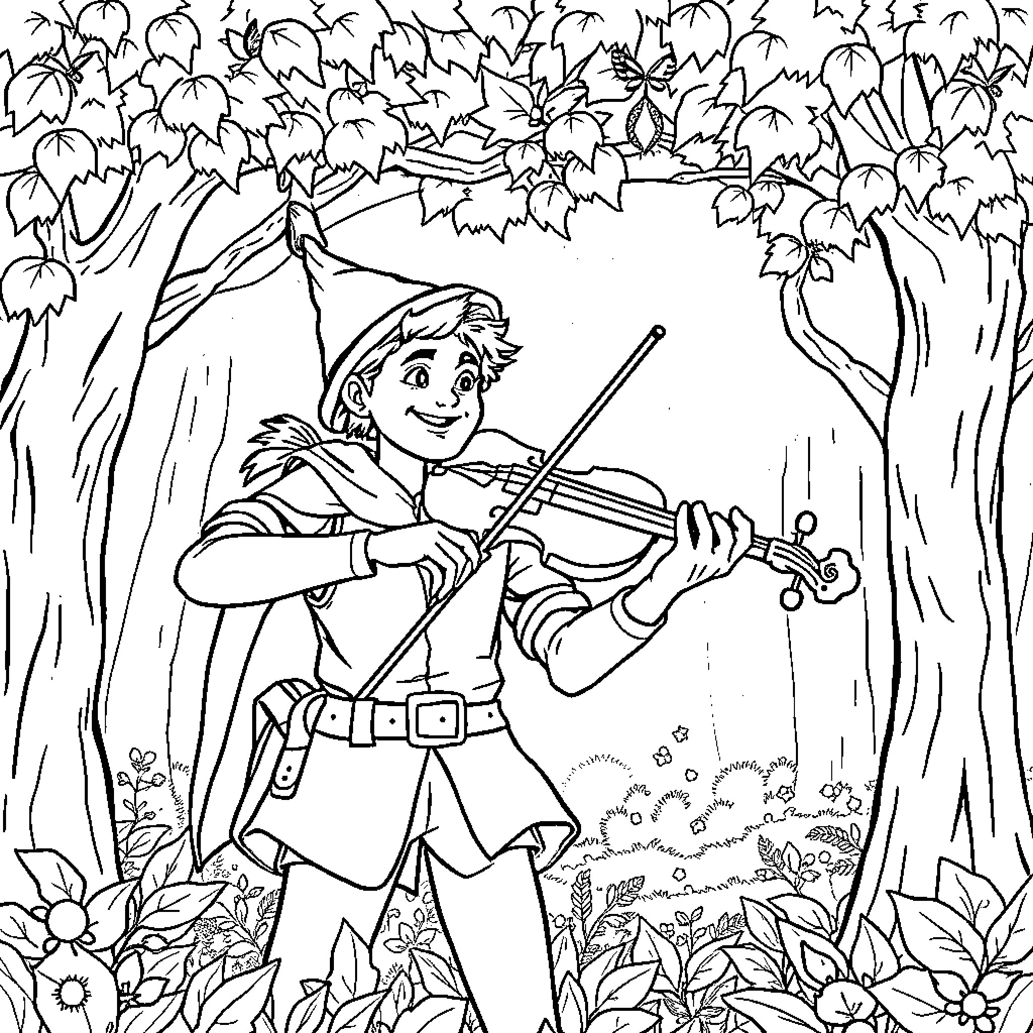 Robin Hood playing the violin in a forest Coloring Page (free black-and-white line drawing printable PDF for all, from beginners to advanced learners, including children, teens, adults, and seniors)