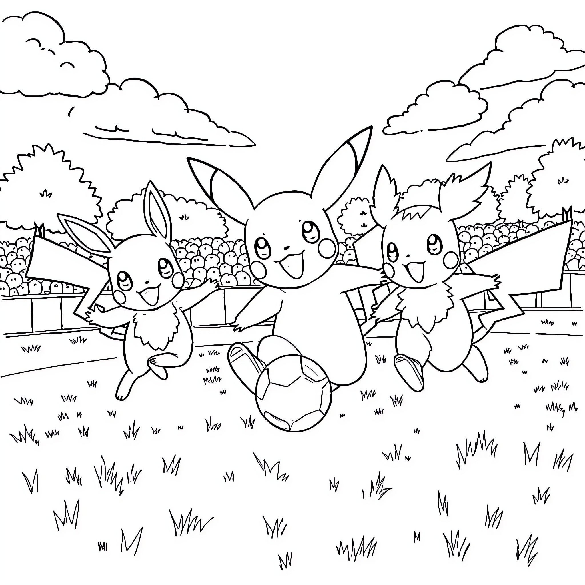 Pokémon friends playing joyfully in the meadow Coloring Page (free black-and-white line drawing printable PDF for all, from beginners to advanced learners, including children, teens, adults, and seniors)