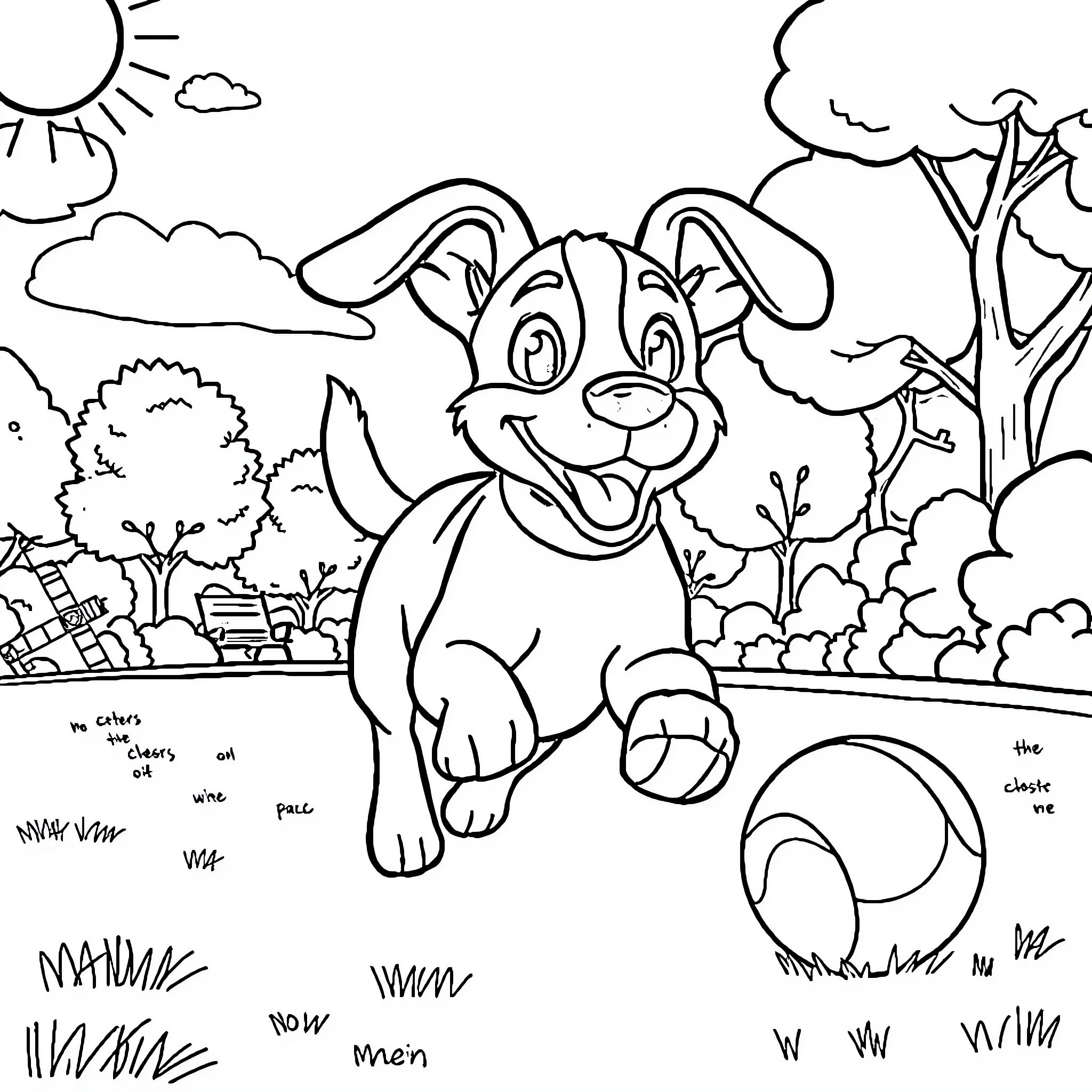 Dog happily exploring the outdoor scene Coloring Page (free black-and-white line drawing printable PDF for all, from beginners to advanced learners, including children, teens, adults, and seniors)