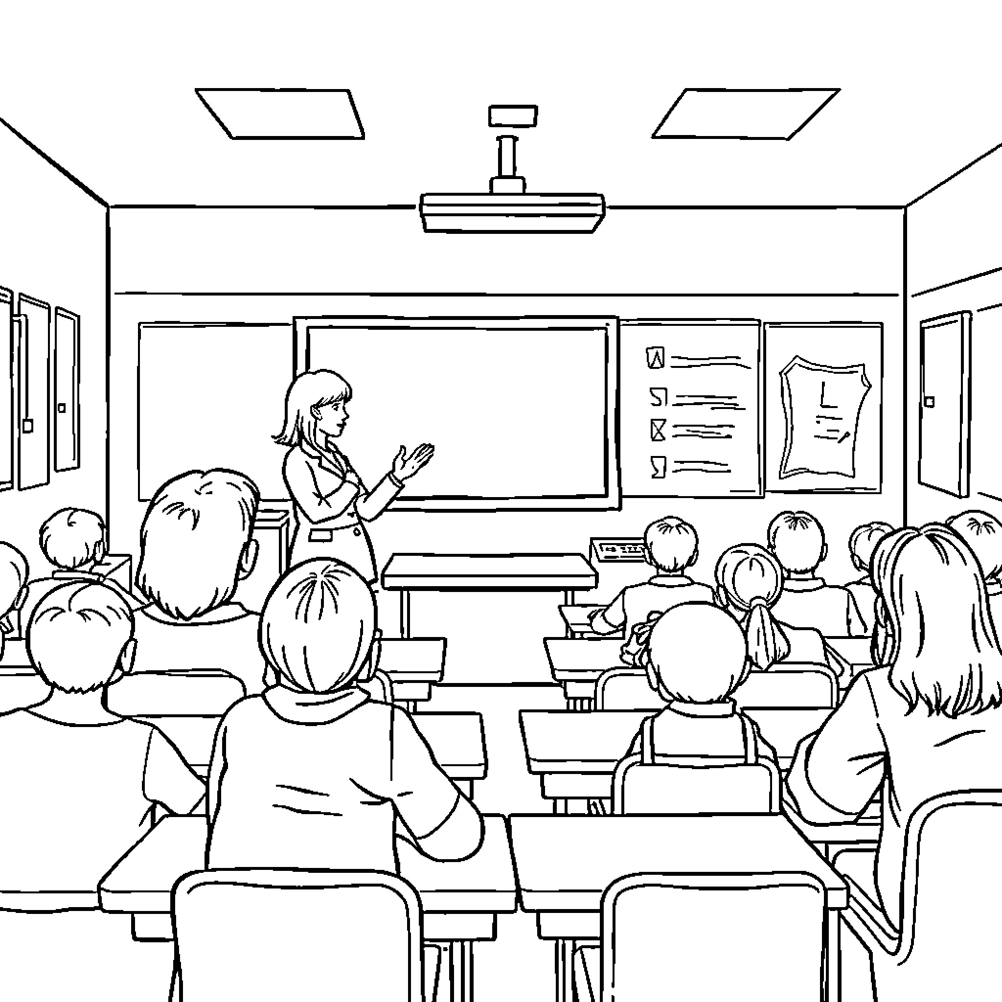 Teacher guiding students in classroom Coloring Page (free black-and-white line drawing printable PDF for all, from beginners to advanced learners, including children, teens, adults, and seniors)
