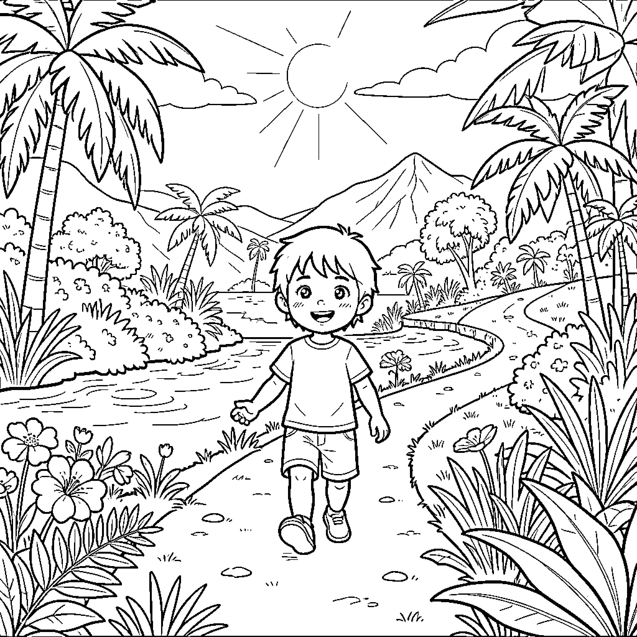 Child exploring tropical nature landscape Coloring Page (free black-and-white line drawing printable PDF for all, from beginners to advanced learners, including children, teens, adults, and seniors)