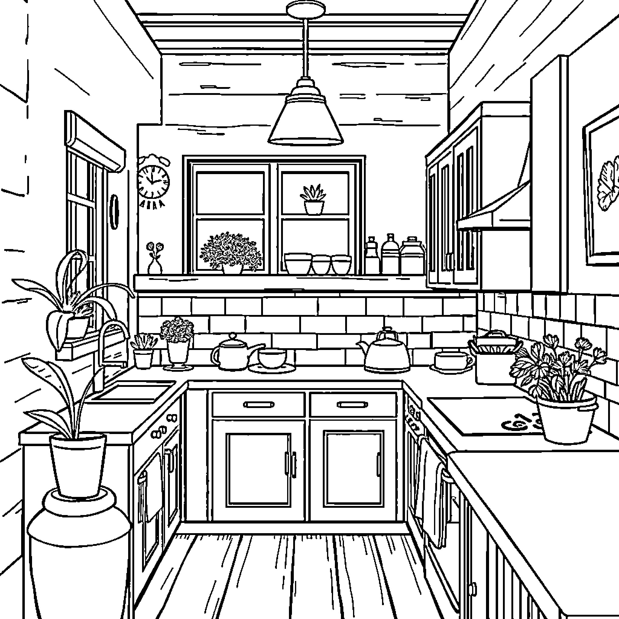 Kitchen with Cozy Decor and Appliances Coloring Page (free black-and-white line drawing printable PDF for all, from beginners to advanced learners, including children, teens, adults, and seniors)