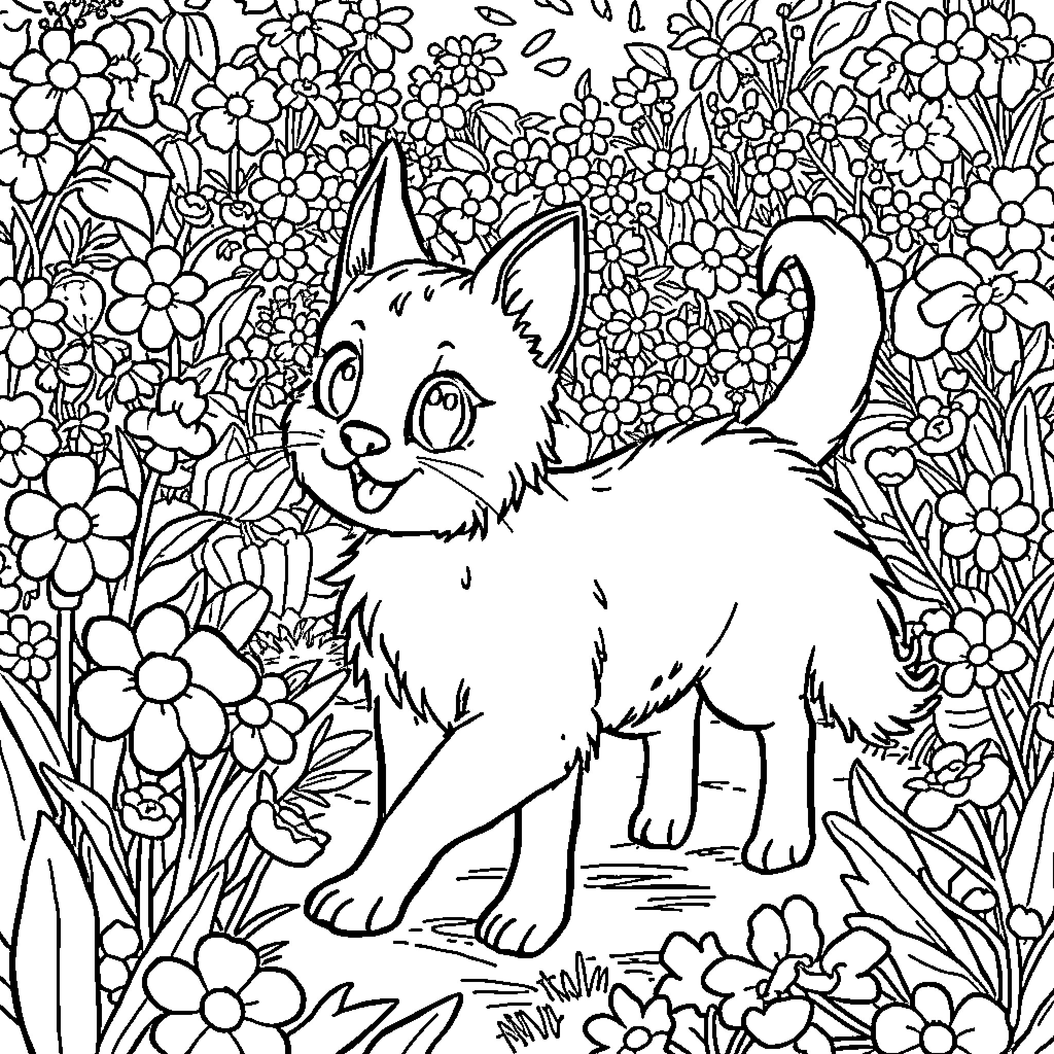 Dog playing among colorful flowers Coloring Page (free black-and-white line drawing printable PDF for all, from beginners to advanced learners, including children, teens, adults, and seniors)