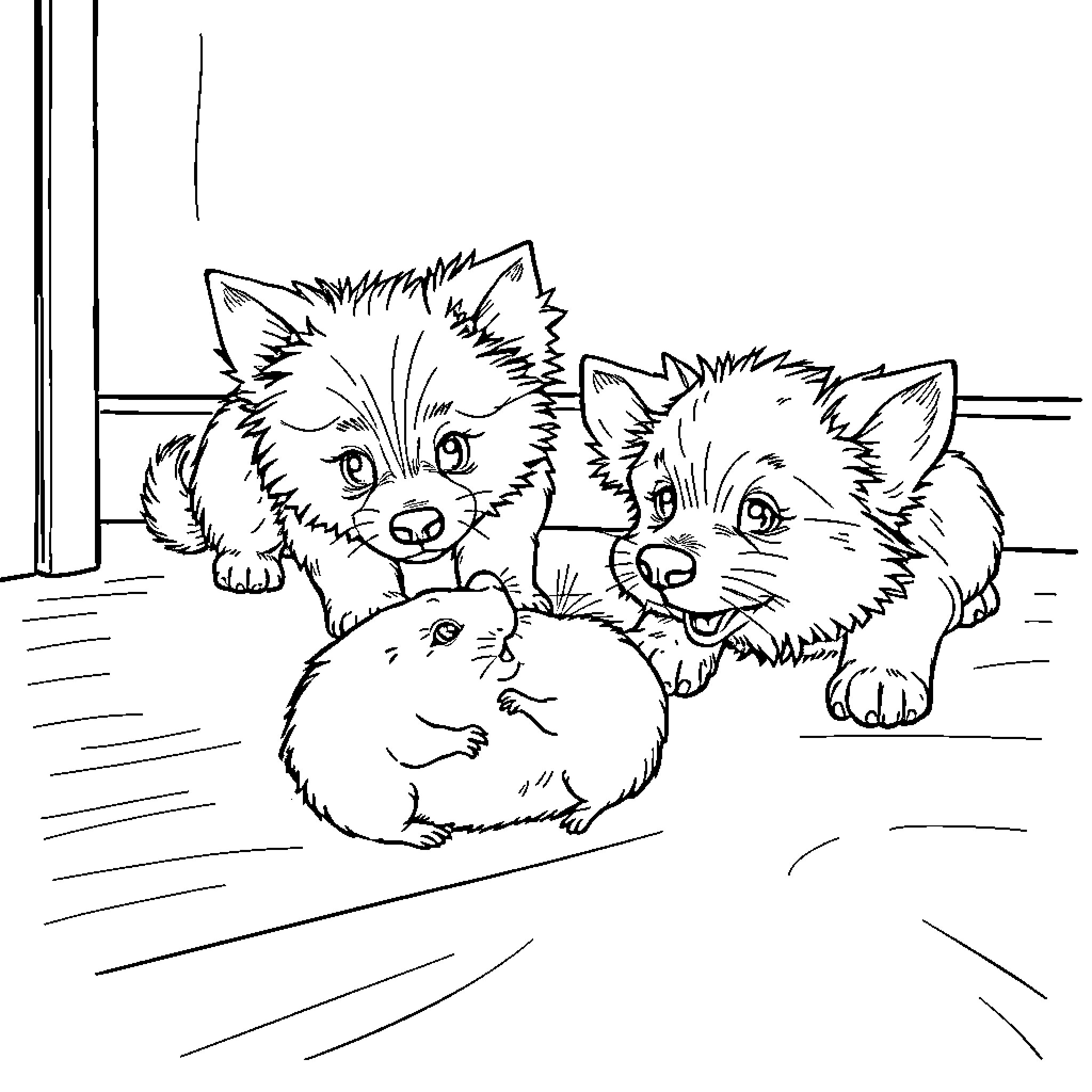 Hamster with Curious Puppies Coloring Page (free black-and-white line drawing printable PDF for all, from beginners to advanced learners, including children, teens, adults, and seniors)