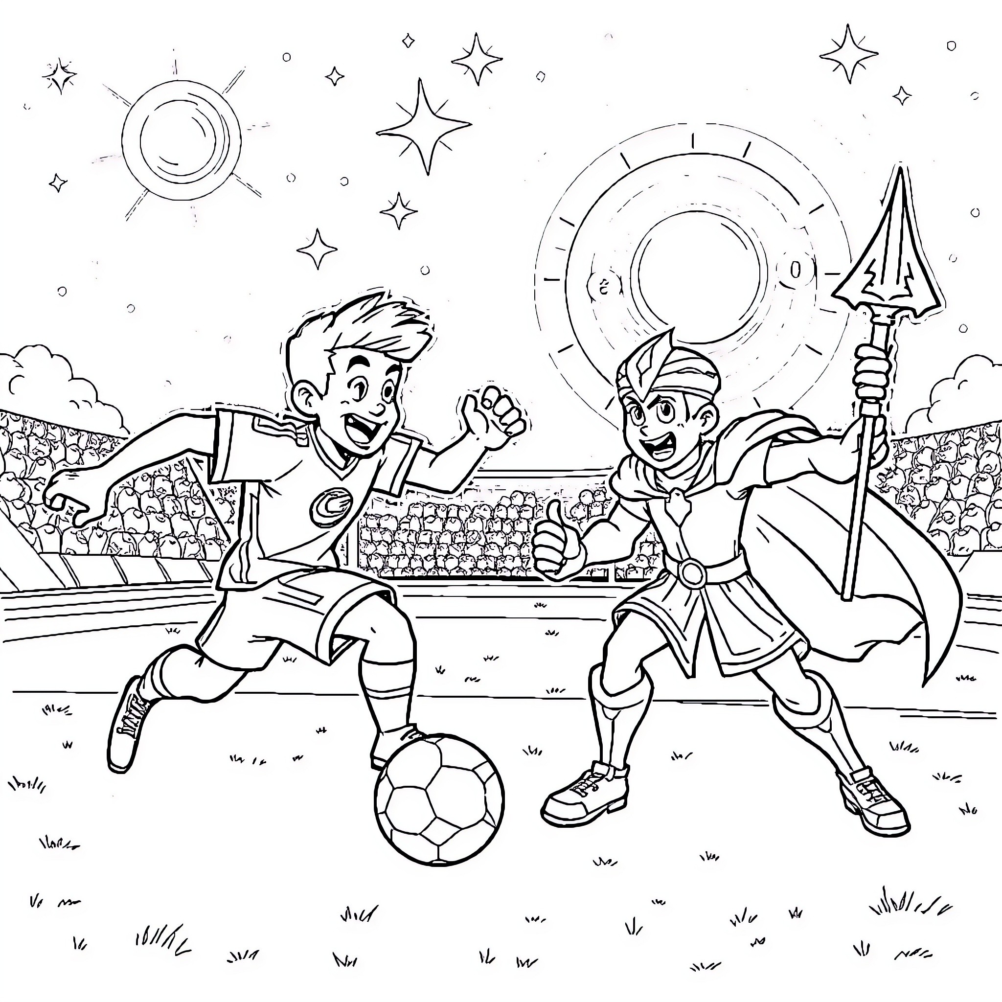 Super Campeones: Joyful Soccer Game Coloring Page (free black-and-white line drawing printable PDF for all, from beginners to advanced learners, including children, teens, adults, and seniors)