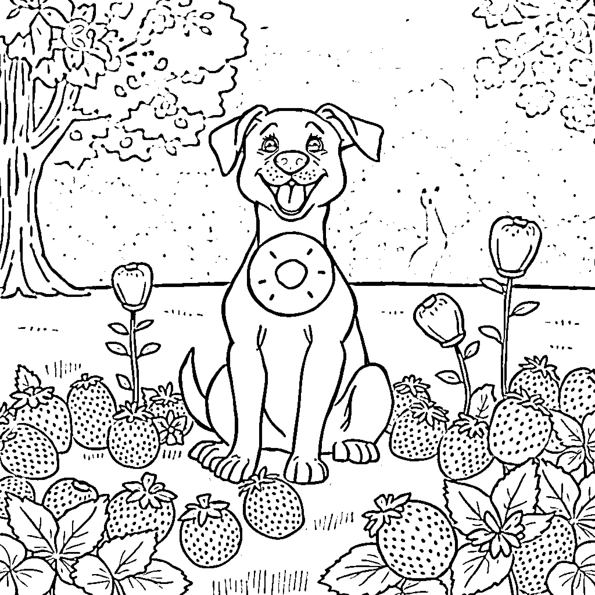 Dog enjoying a garden with flowers Coloring Page (free black-and-white line drawing printable PDF for all, from beginners to advanced learners, including children, teens, adults, and seniors)