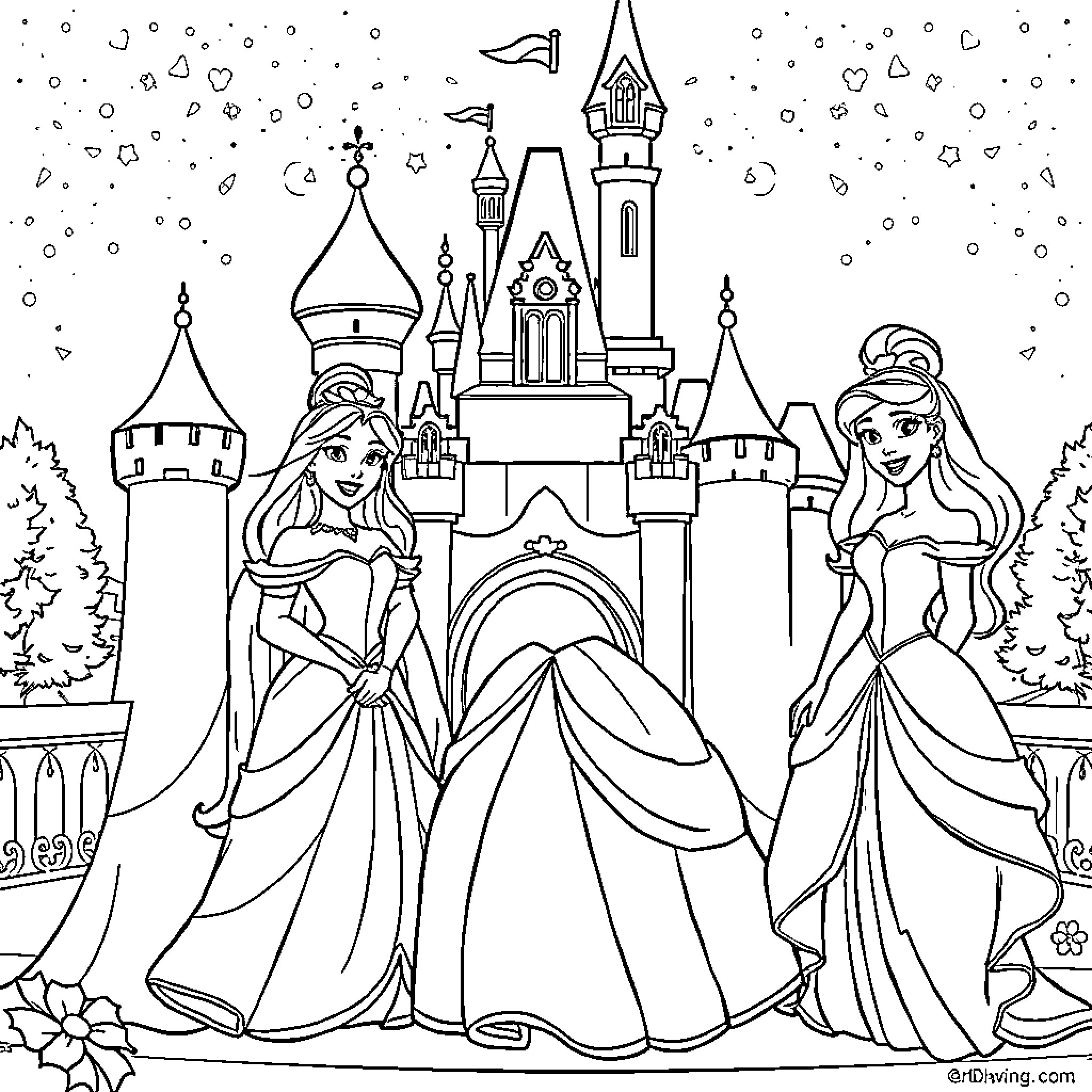 Princess and her Royal Companions in the Castle Coloring Page (free black-and-white line drawing printable PDF for all, from beginners to advanced learners, including children, teens, adults, and seniors)