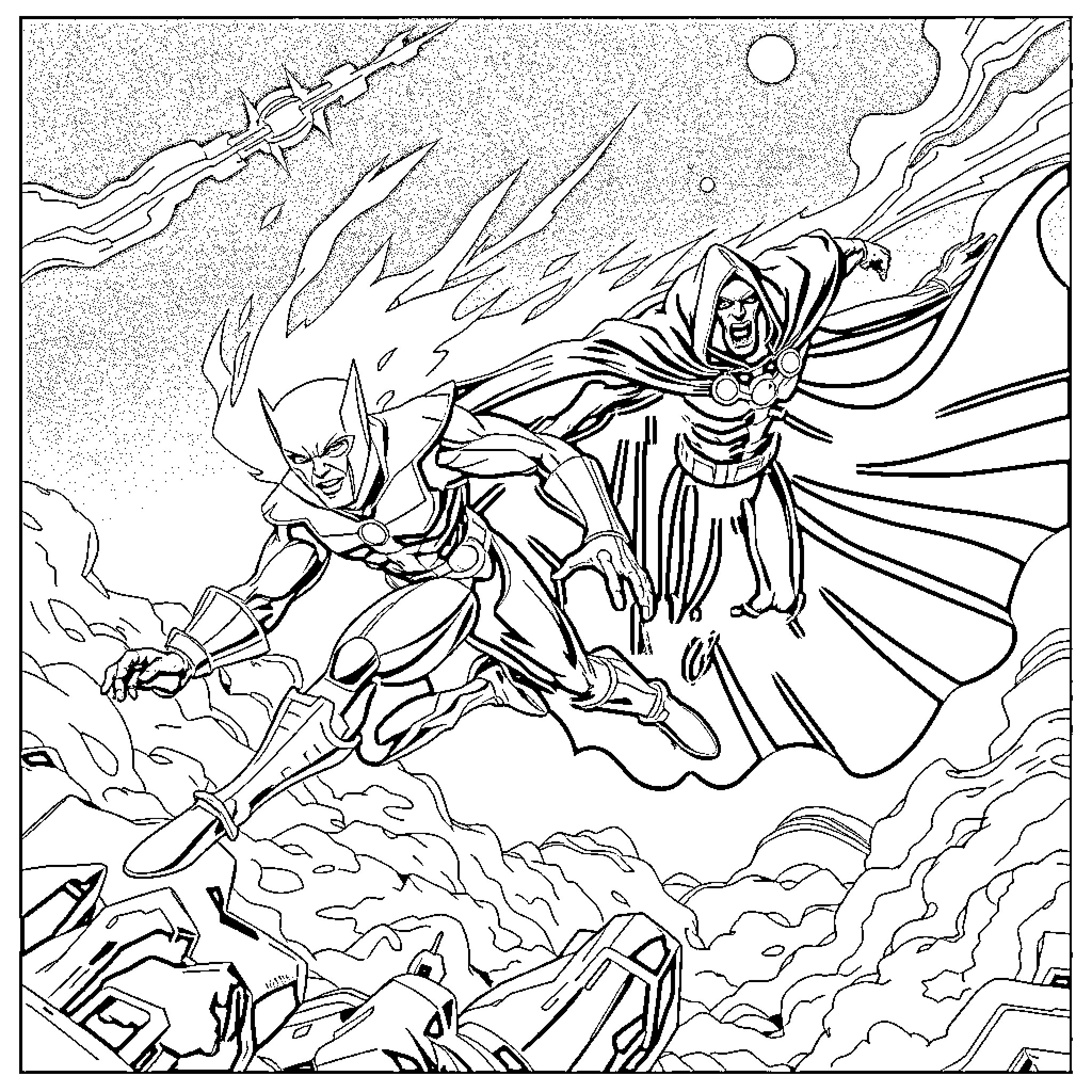 Magneto's Heroic Clash with a Mysterious Foe Coloring Page (free black-and-white line drawing printable PDF for all, from beginners to advanced learners, including children, teens, adults, and seniors)