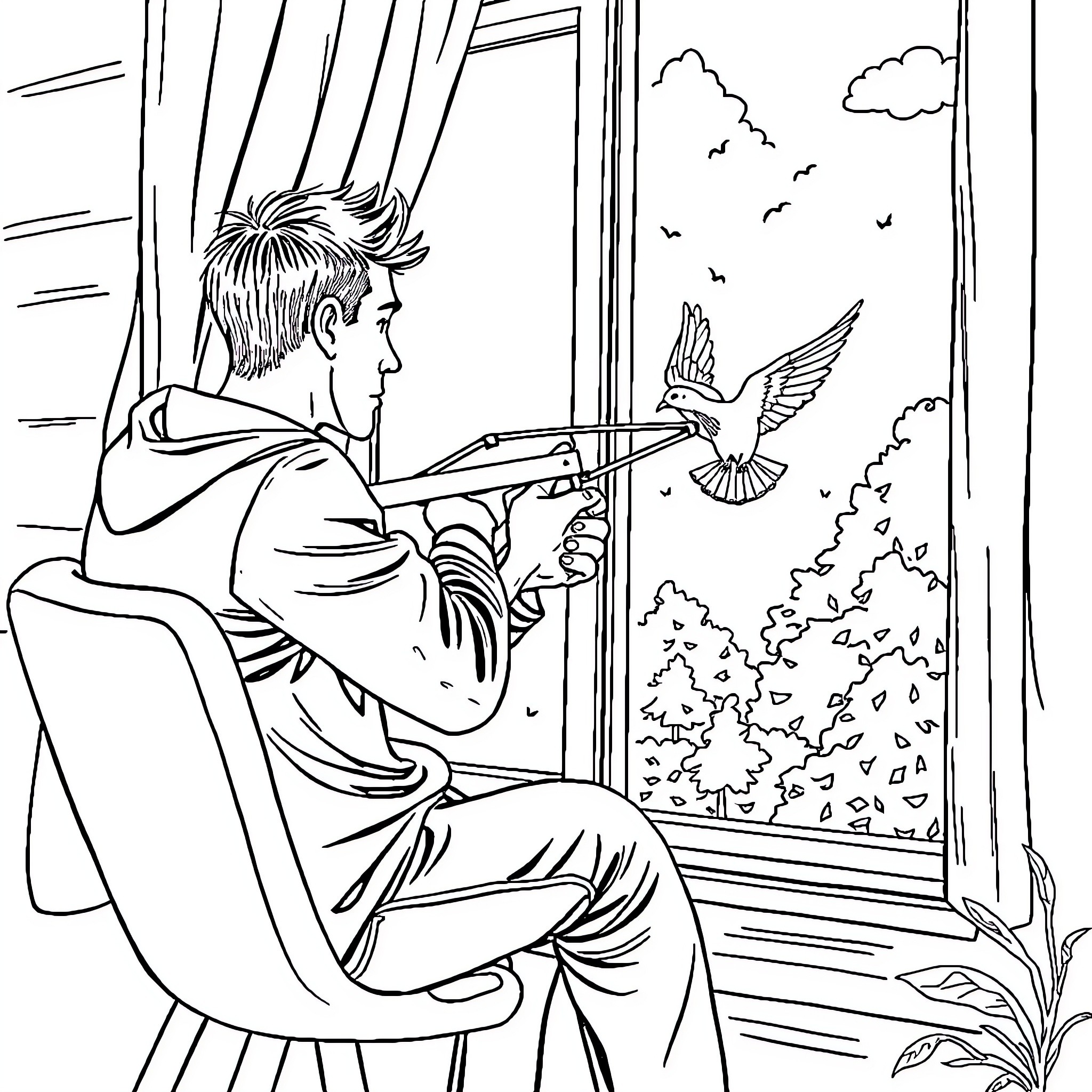 Guy watching a bird fly past the window Coloring Page (free black-and-white line drawing printable PDF for all, from beginners to advanced learners, including children, teens, adults, and seniors)