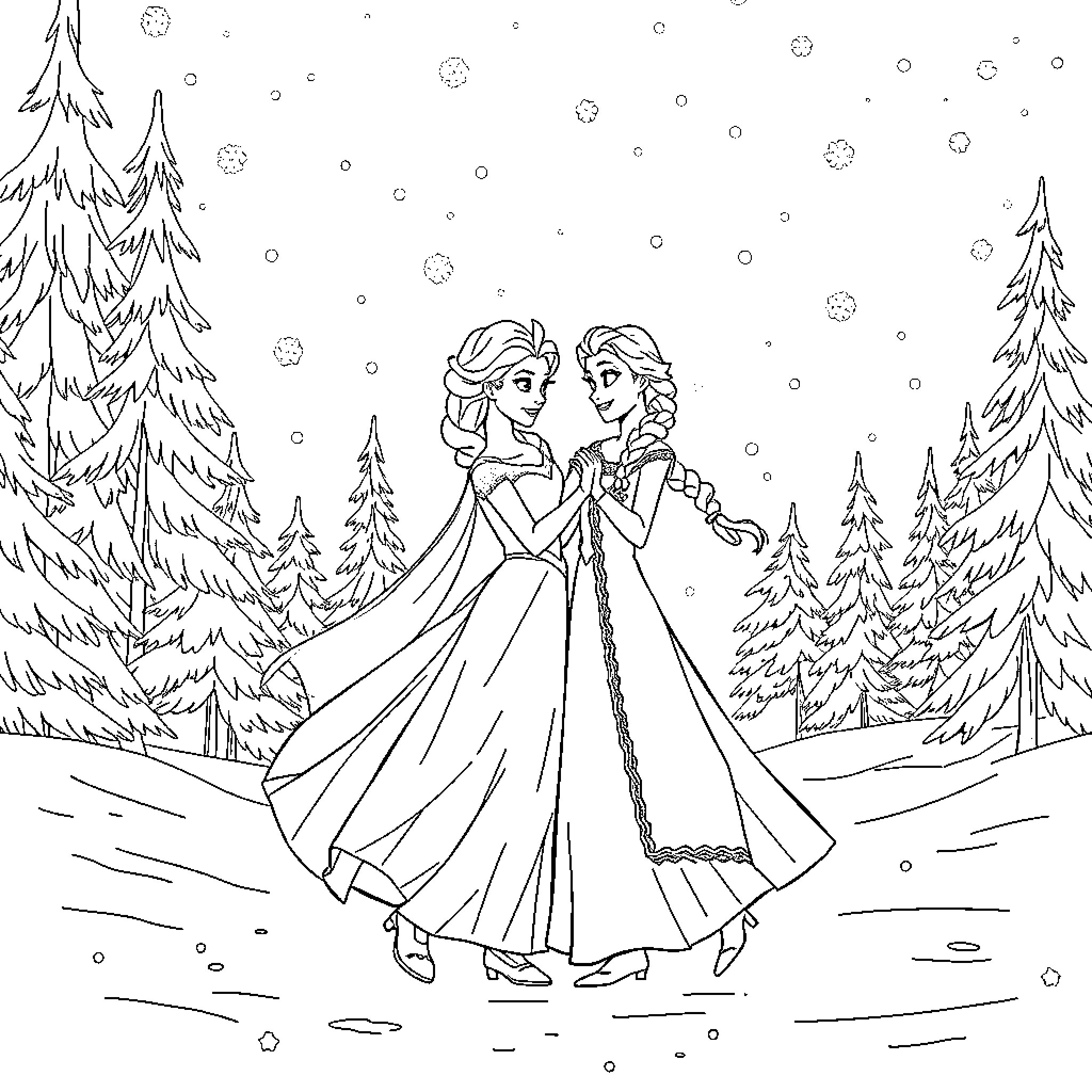 Elsa and Anna's Snowy Adventure Coloring Page (free black-and-white line drawing printable PDF for all, from beginners to advanced learners, including children, teens, adults, and seniors)