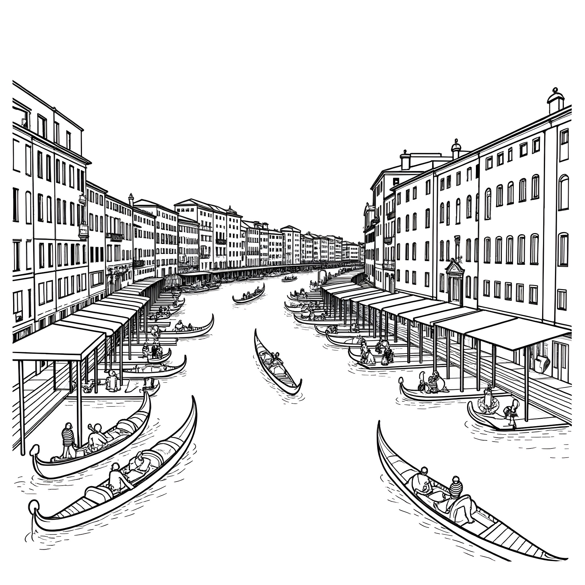 Venice canal with gondolas and historic buildings Coloring Page (free black-and-white line drawing printable PDF for all, from beginners to advanced learners, including children, teens, adults, and seniors)