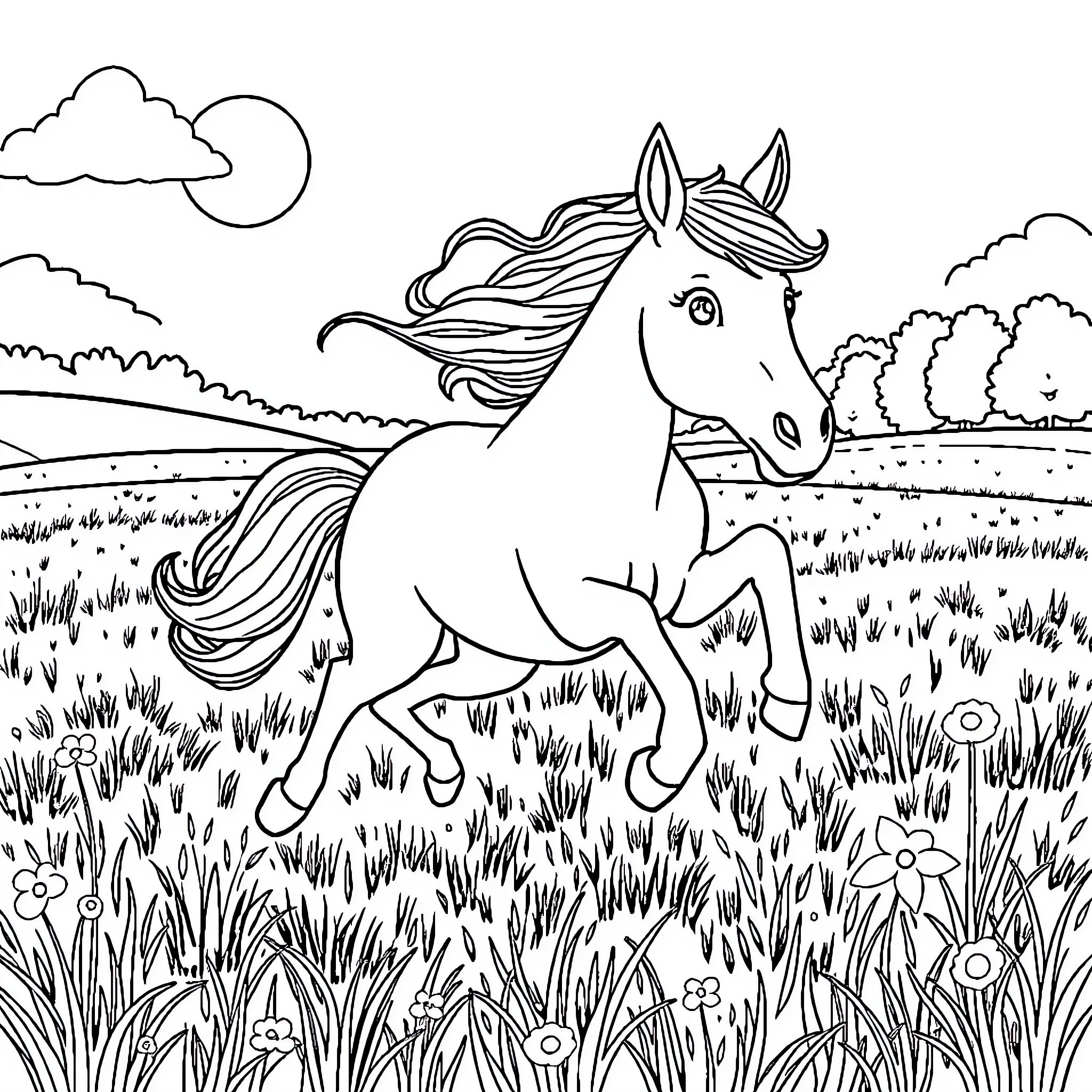 Rudolf the Joyful Horse Prancing in Meadow Coloring Page (free black-and-white line drawing printable PDF for all, from beginners to advanced learners, including children, teens, adults, and seniors)