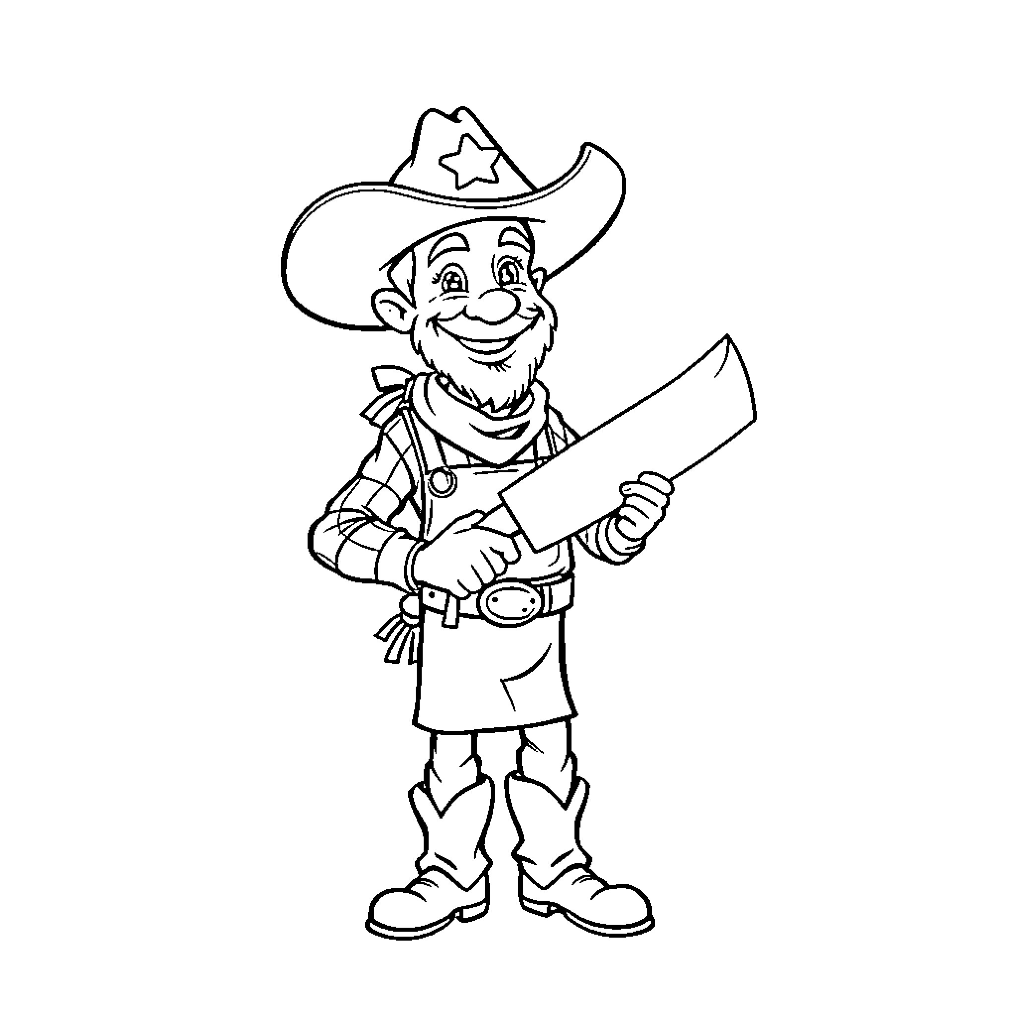 Cowboy character smiling and holding a tool Coloring Page (free black-and-white line drawing printable PDF for all, from beginners to advanced learners, including children, teens, adults, and seniors)