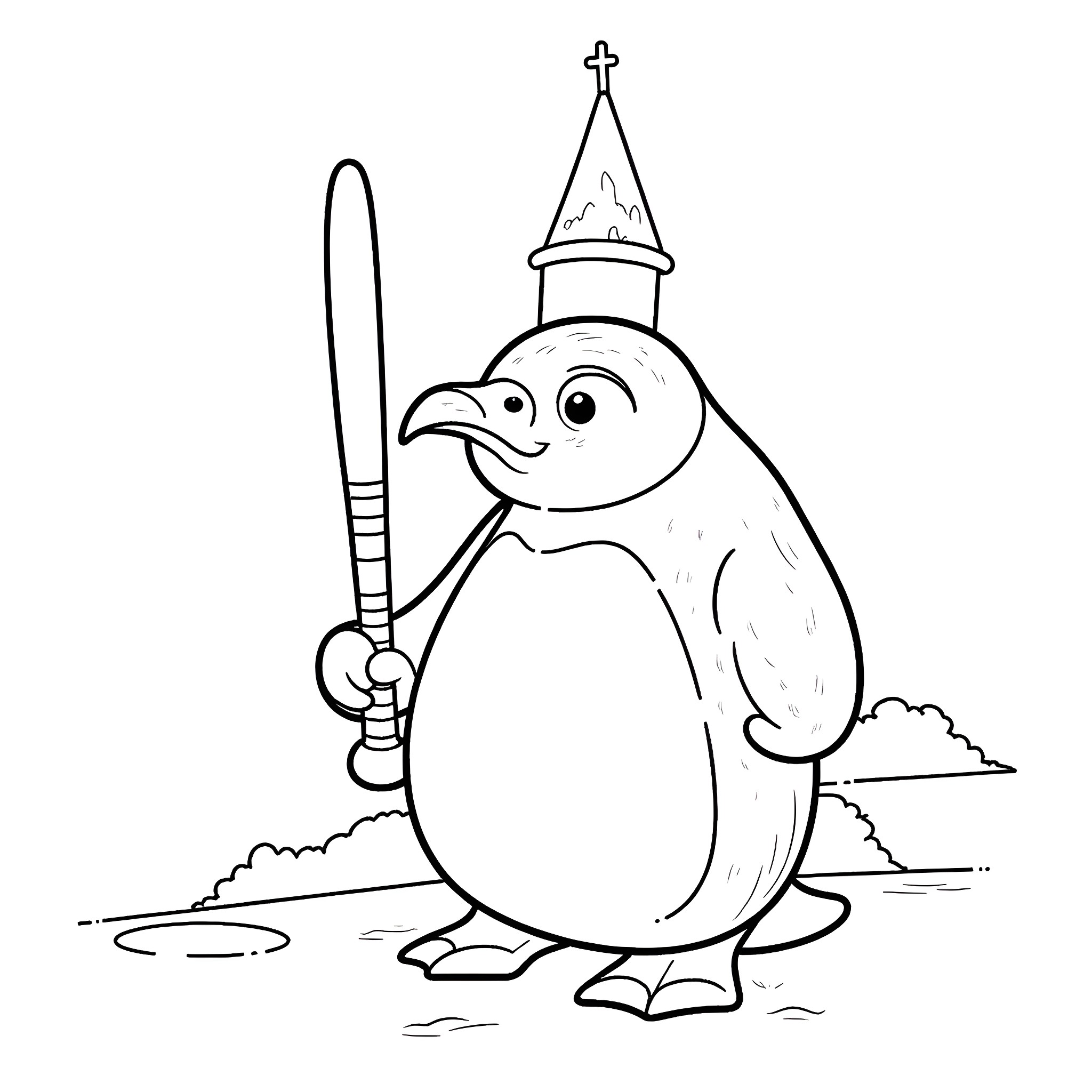 Penguin with a sword and a church spire Coloring Page (free black-and-white line drawing printable PDF for all, from beginners to advanced learners, including children, teens, adults, and seniors)