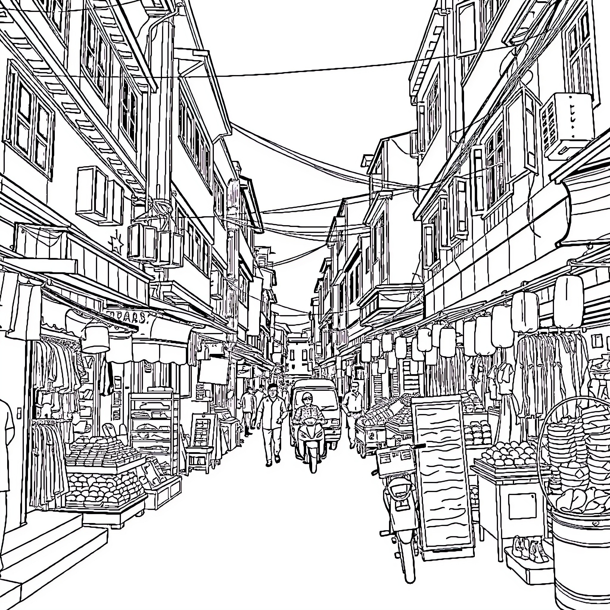 Dhaka's Bustling Marketplace Scene Coloring Page (free black-and-white line drawing printable PDF for all, from beginners to advanced learners, including children, teens, adults, and seniors)