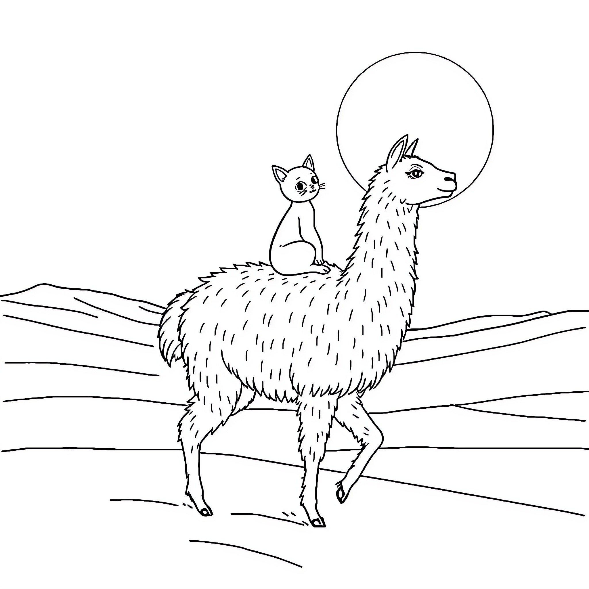Cat and Llama in the Moonlight Coloring Page (free black-and-white line drawing printable PDF for all, from beginners to advanced learners, including children, teens, adults, and seniors)