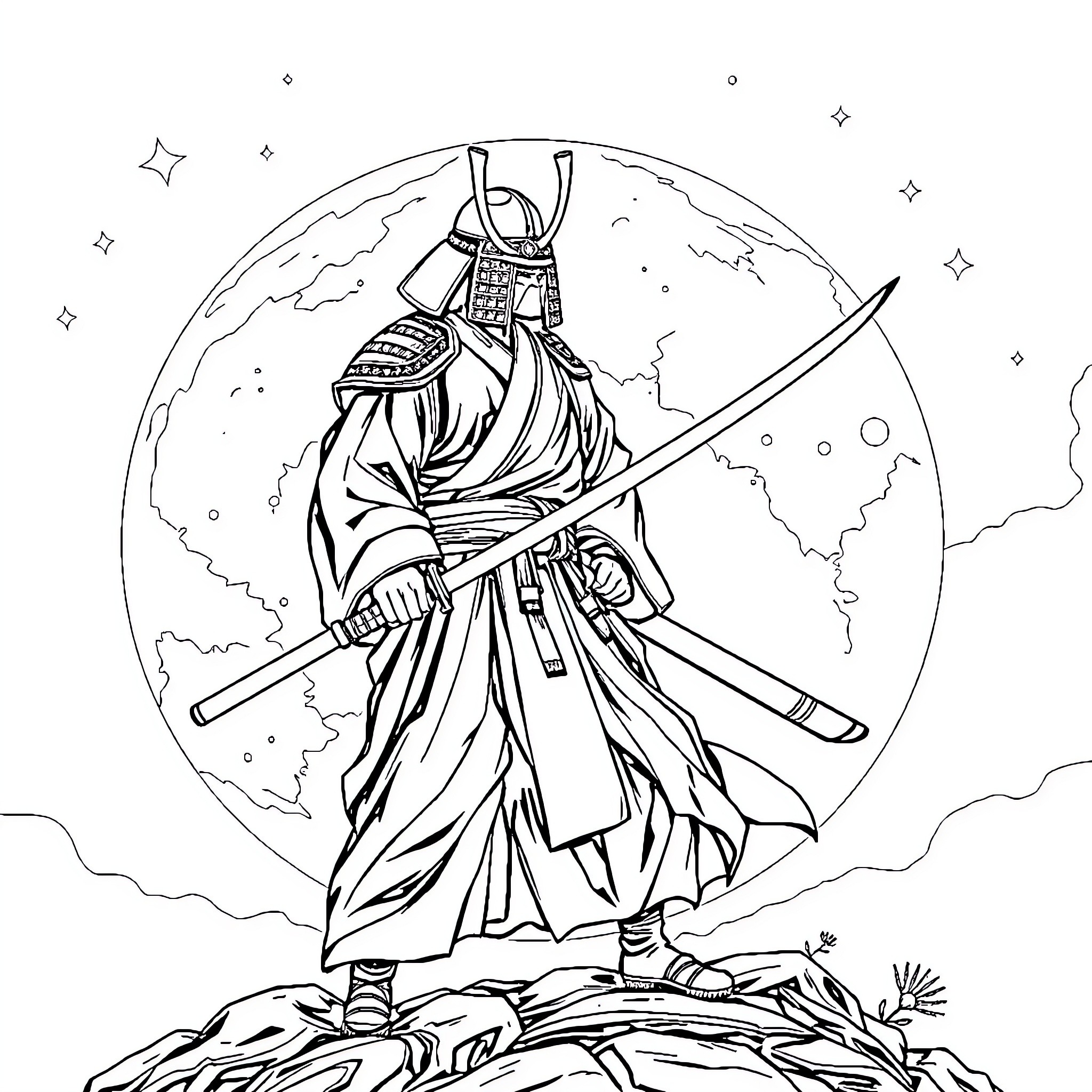 Samurai warrior standing resolute with sword in the night Coloring Page (free black-and-white line drawing printable PDF for all, from beginners to advanced learners, including children, teens, adults, and seniors)