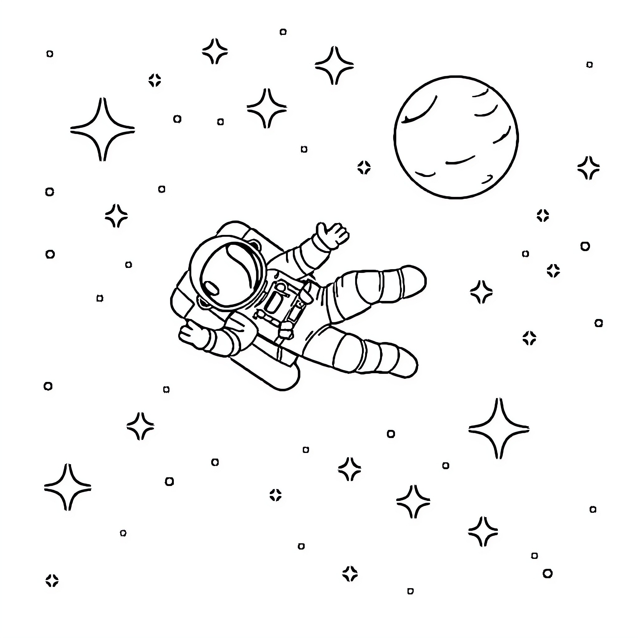 Astronaut floating in space among the stars Coloring Page (free black-and-white line drawing printable PDF for all, from beginners to advanced learners, including children, teens, adults, and seniors)