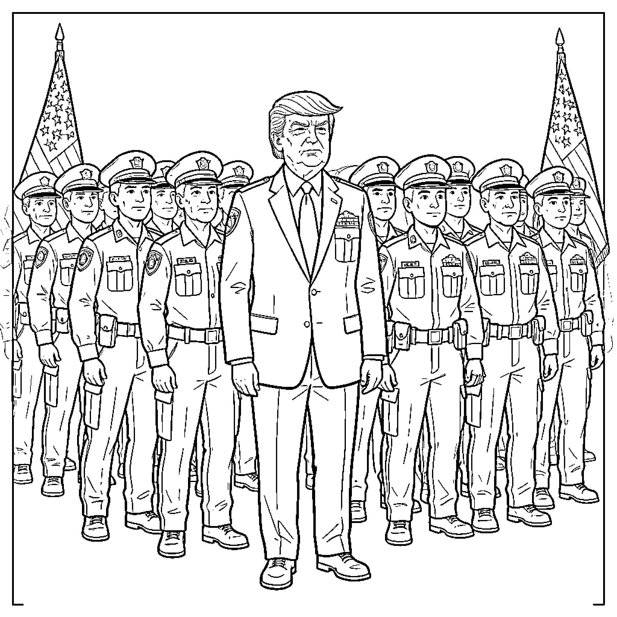 Donald Trump Standing with Military Personnel Coloring Page (free black-and-white line drawing printable PDF for all, from beginners to advanced learners, including children, teens, adults, and seniors)