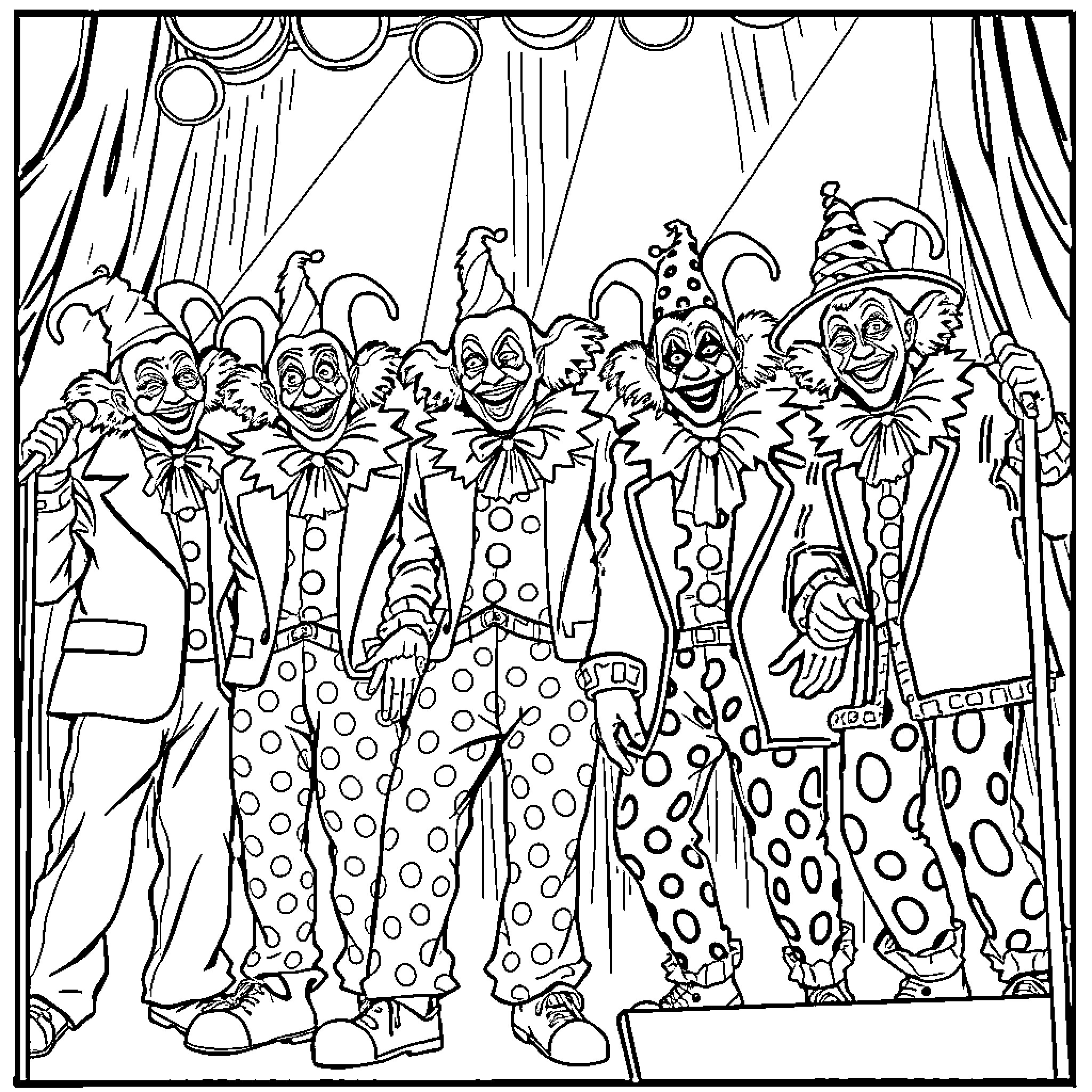 Clowns performing on stage with colorful costumes and expressions Coloring Page (free black-and-white line drawing printable PDF for all, from beginners to advanced learners, including children, teens, adults, and seniors)